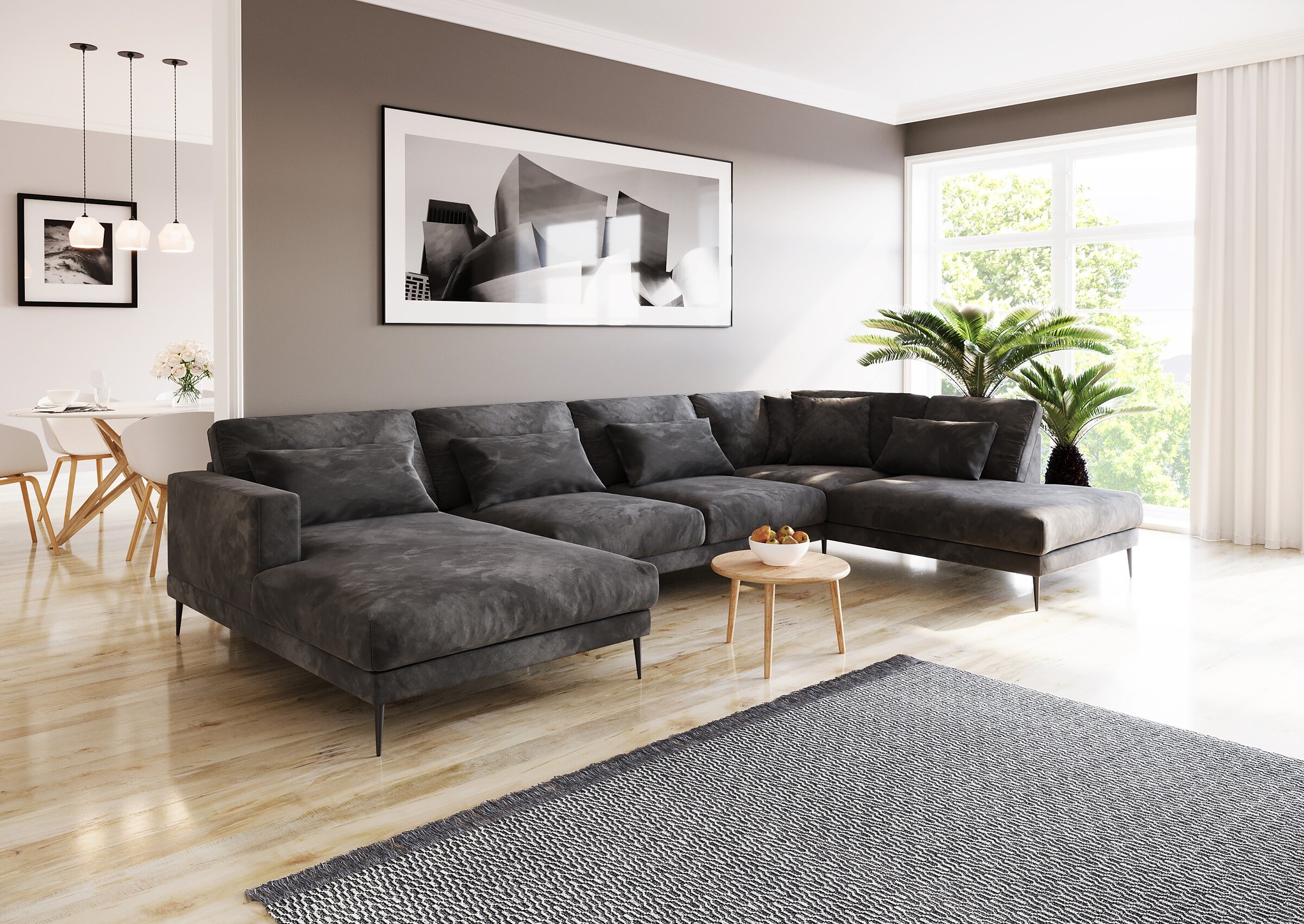 Product visualisation of the dark grey Sunday D25A large corner sofa in a modern Scandinavian-style living room with wooden flooring and a grey rug