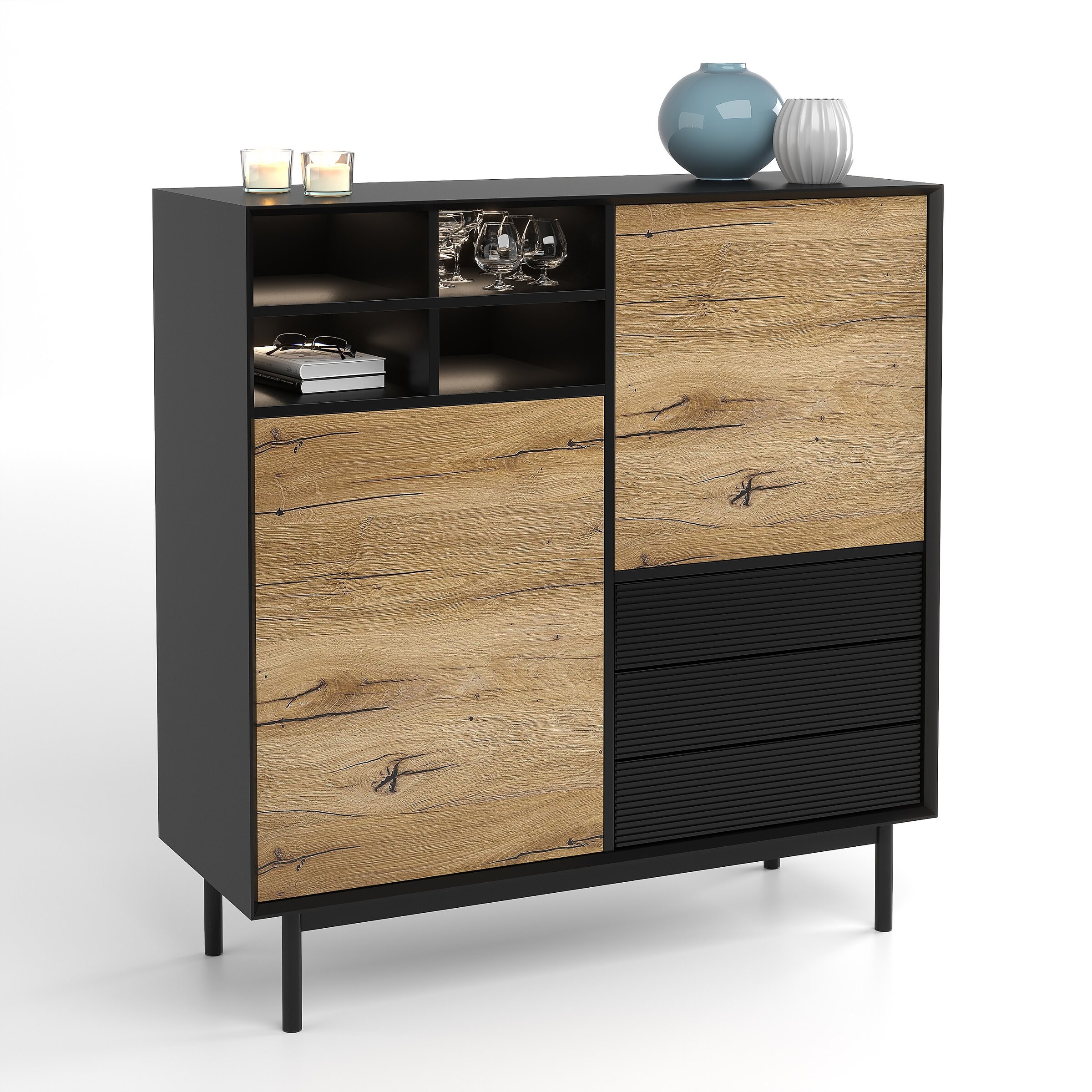 3D product render of a modern sideboard in flagstaff oak finish with black accents on a white background