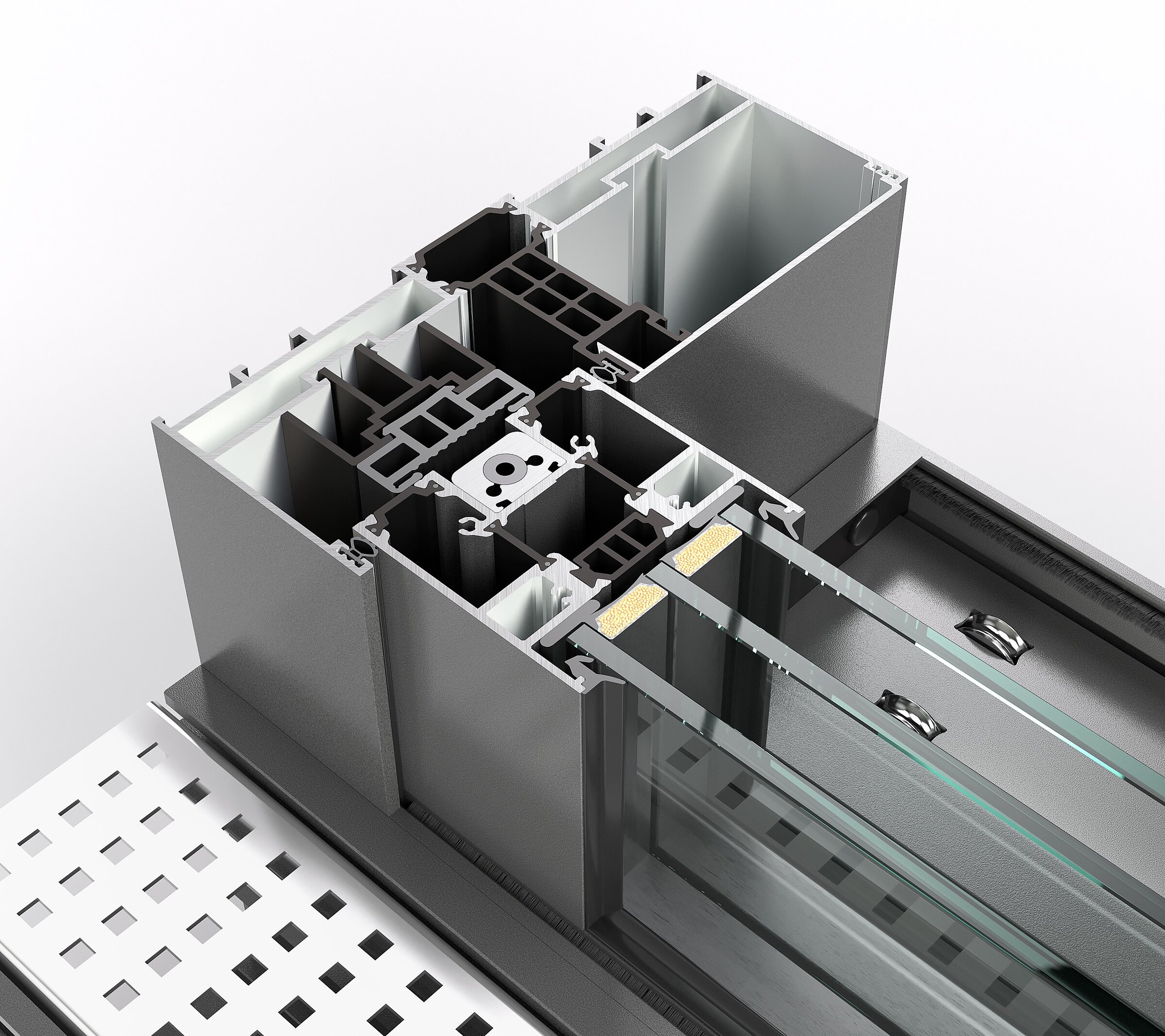 3D technical cross-section of an aluminium profile system with thermal breaks and glazing