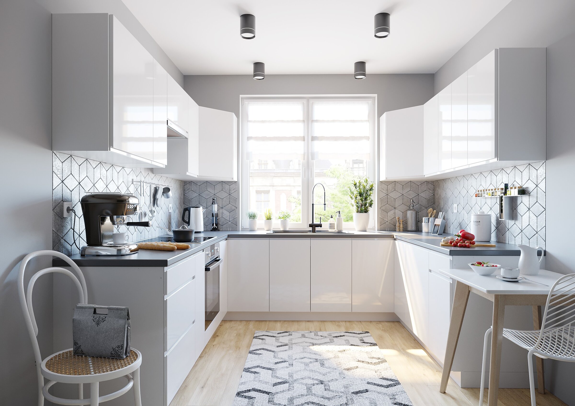 Visualisation of a modern U-shaped kitchen with white, glossy furniture and geometric splashback tiles