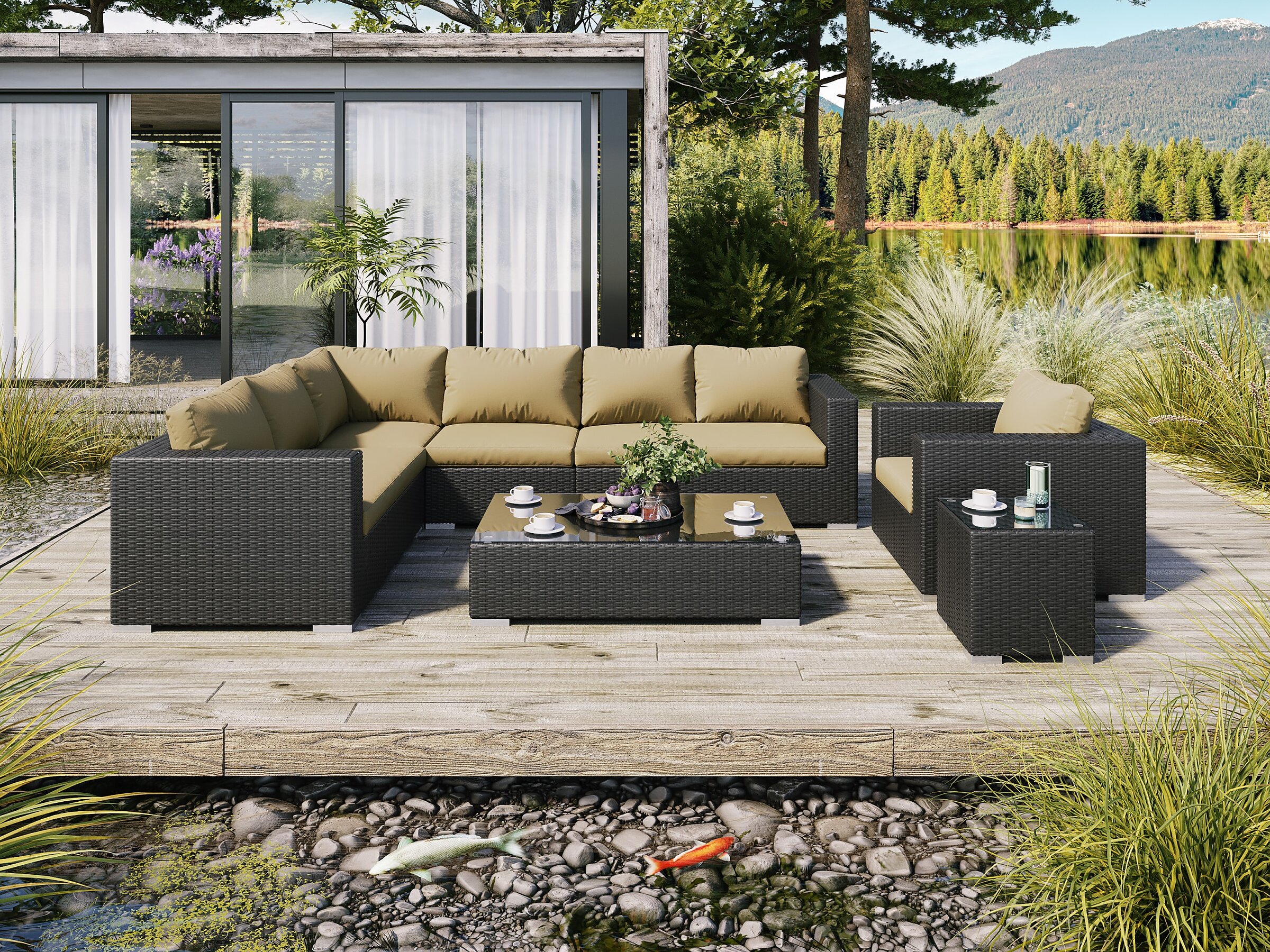 Product visualisation of the large Moonlight black wicker outdoor corner sofa set with beige cushions, an armchair, and coffee tables on a wooden terrace by a pond in a natural setting