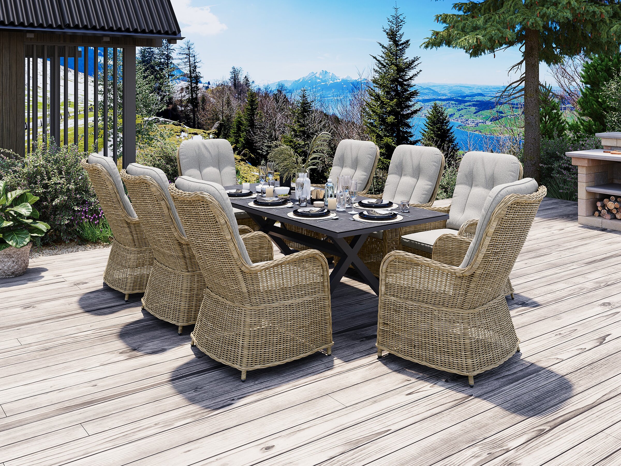 Product visualisation of the Living Skjaergarden XL natur outdoor dining set featuring wicker armchairs and a table on a wooden terrace with a mountain and water view