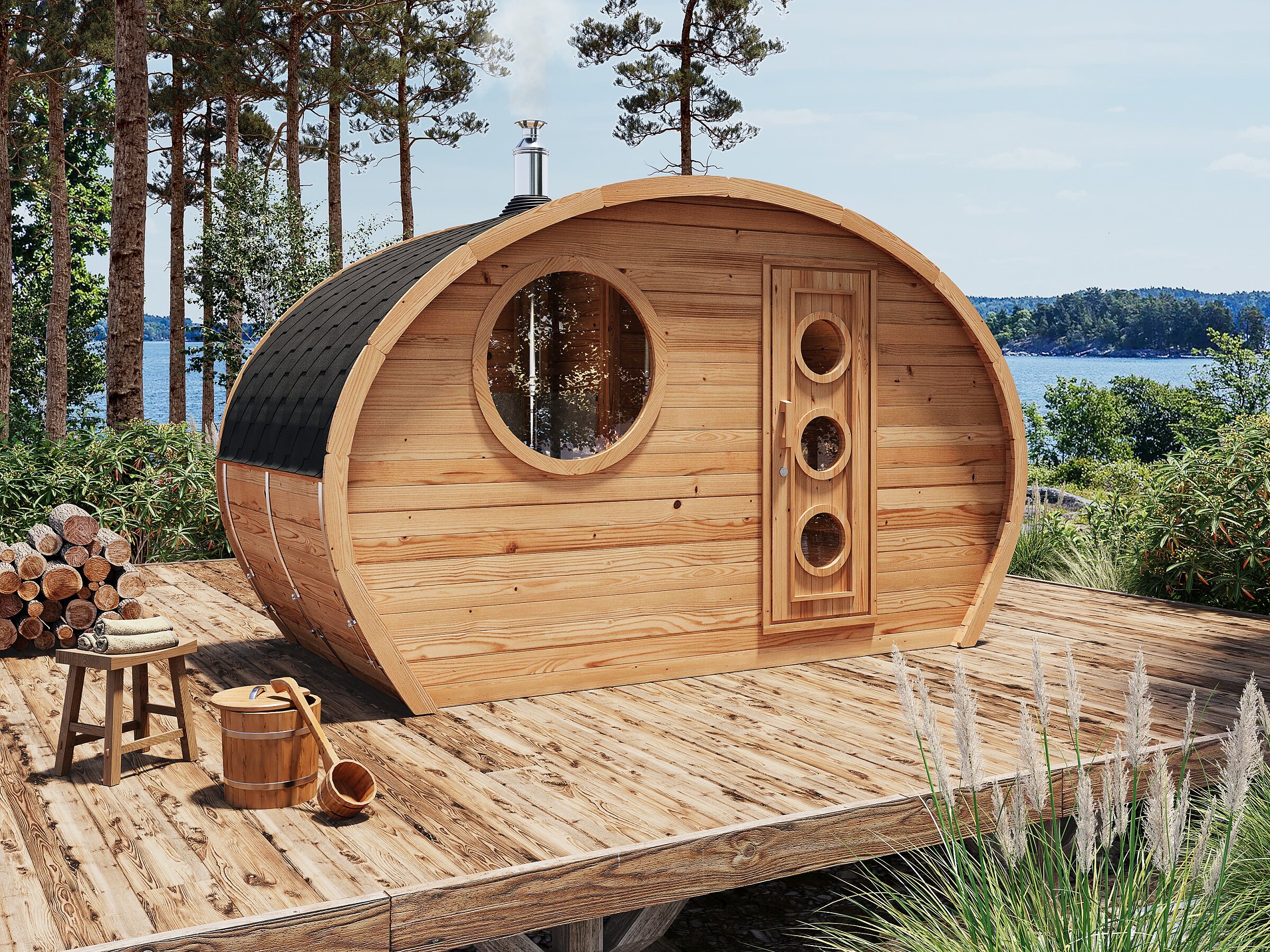 Product visualisation of the Frodo 4x1.95 wooden sauna with a wood-burning stove, a round window, and a porthole door on a wooden terrace by the water
