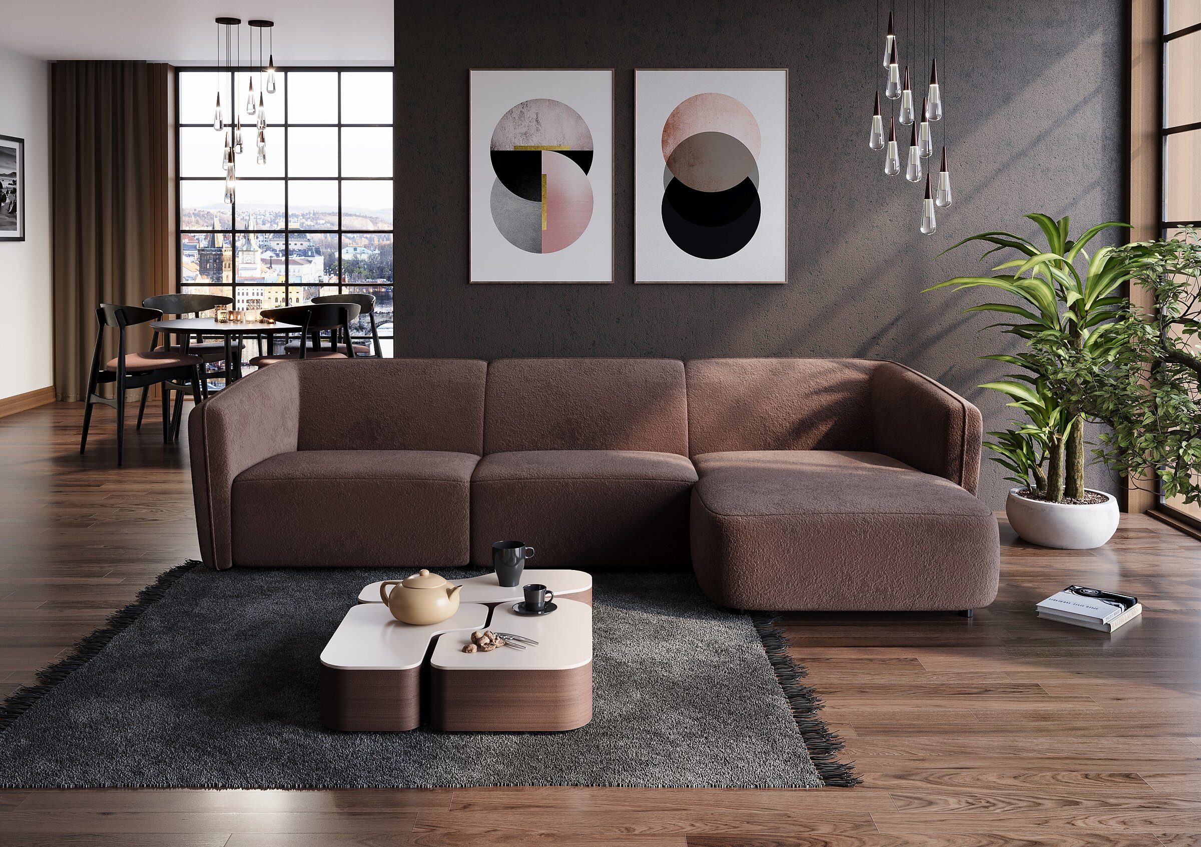 Product visualisation of the brown Bornholm corner sofa in a modern Scandinavian-style living room with a dark accent wall and a dark rug