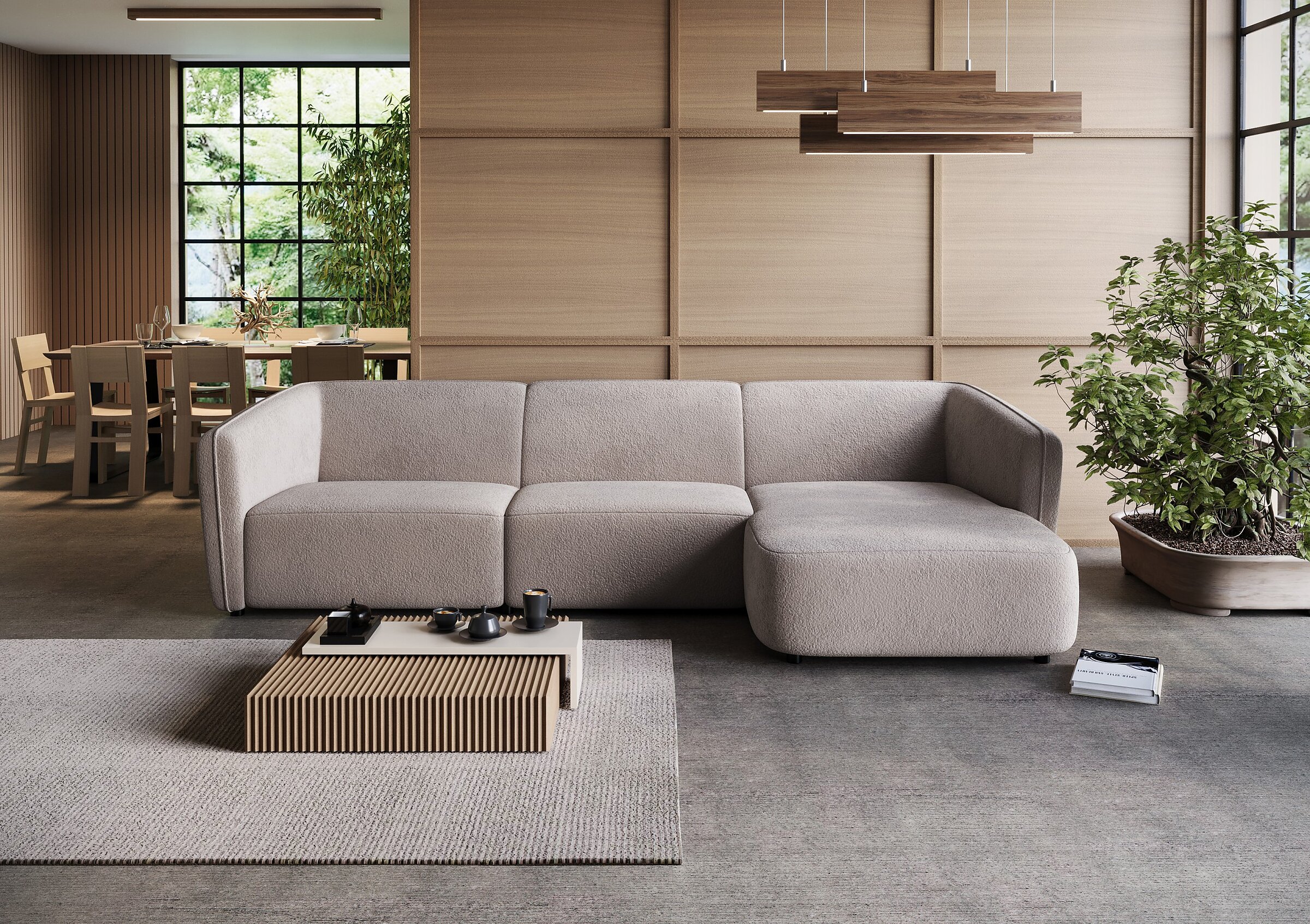 Product visualisation of the beige Bornholm corner sofa in a minimalist Japandi-style living room with a light wood panelled wall and a rug