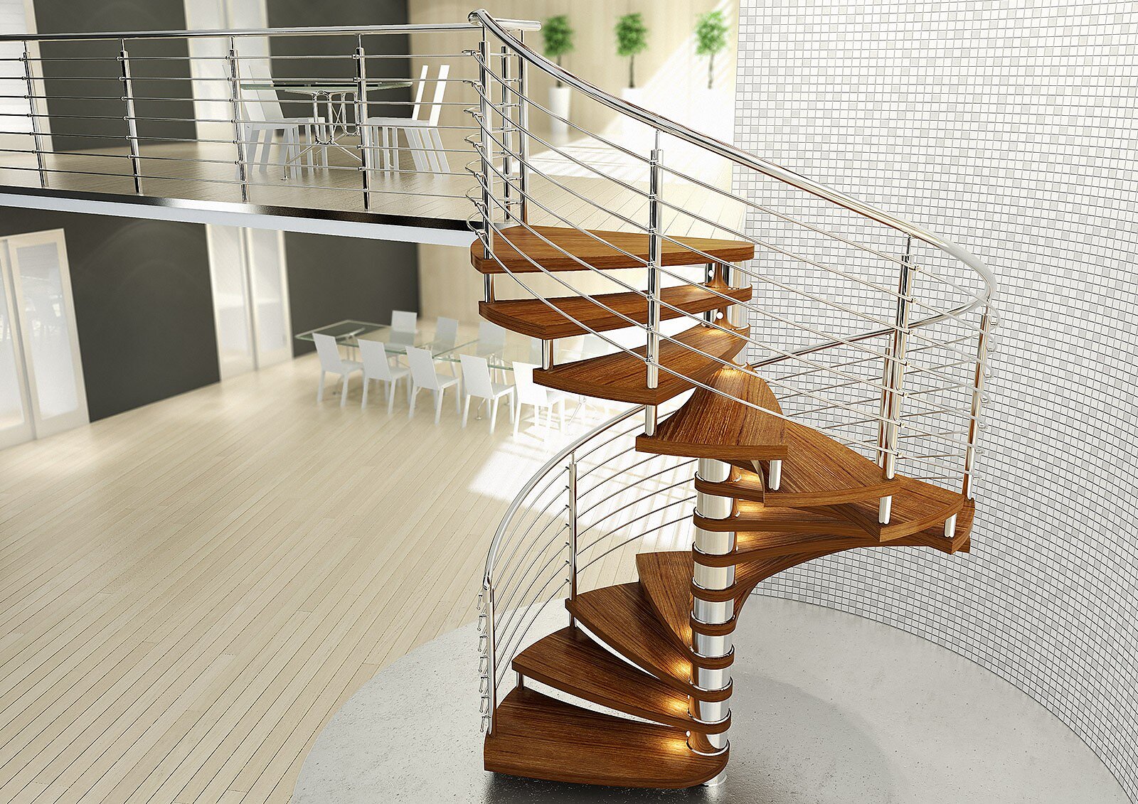 Product visualisation of Compass spiral stairs with wooden treads and a metal balustrade in a modern interior