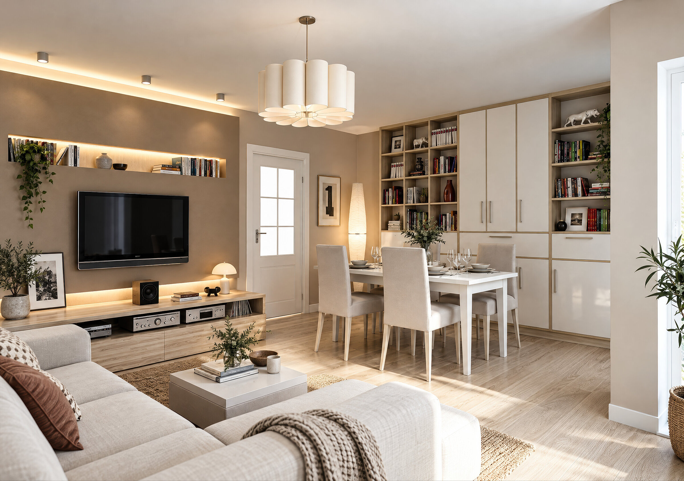 Cyfrowy render wnętrza wzorcowego salonu z beżowymi meblami wypoczynkowymi i jasną strefą jadalnianą