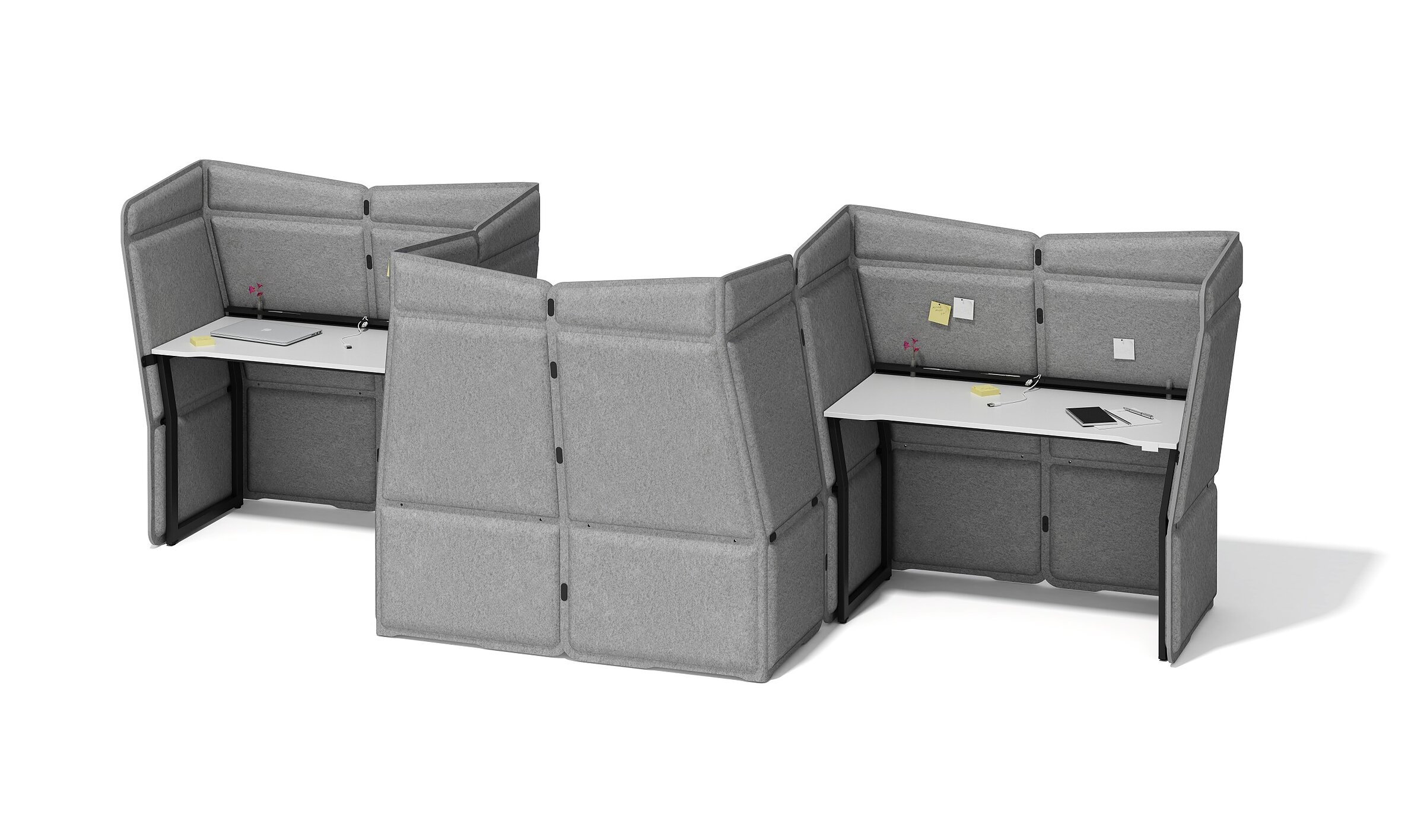 Visualisation of a triple set of acoustic desks with grey felt panels, white desktops, and black frames