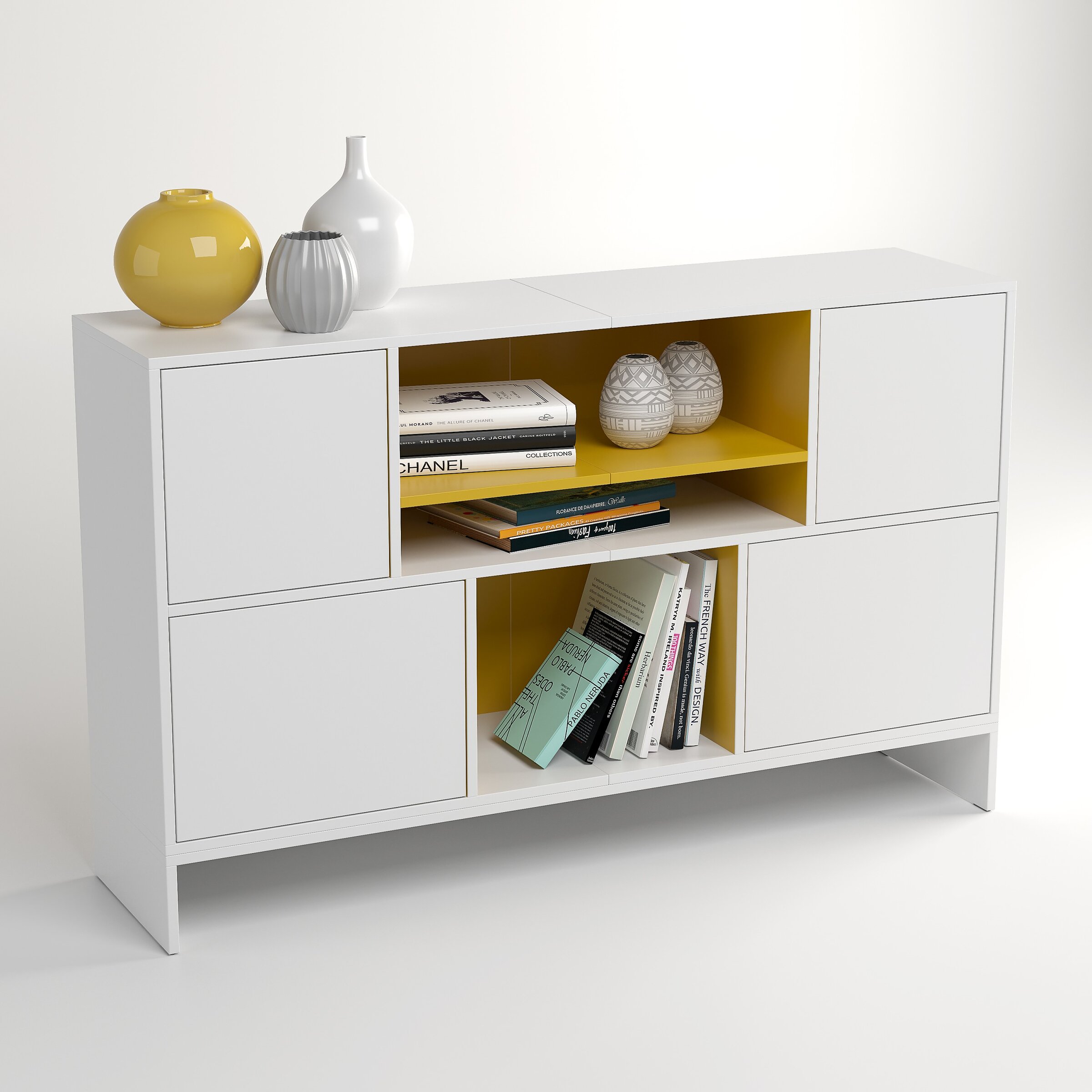 Product visualisation of a low white sideboard with yellow accents on a white background