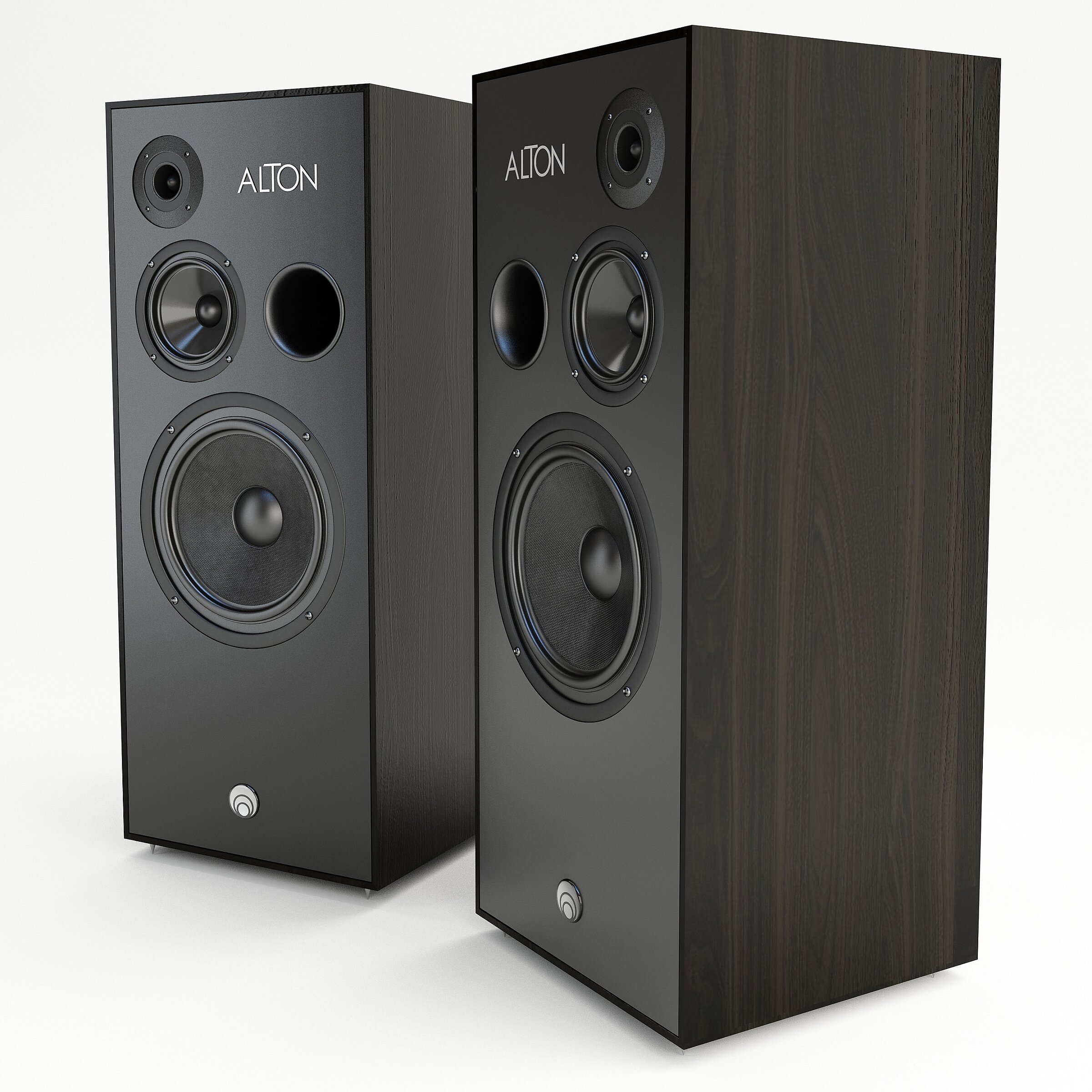 Computer visualisation of black ALTON floorstanding speakers close-up on a white background