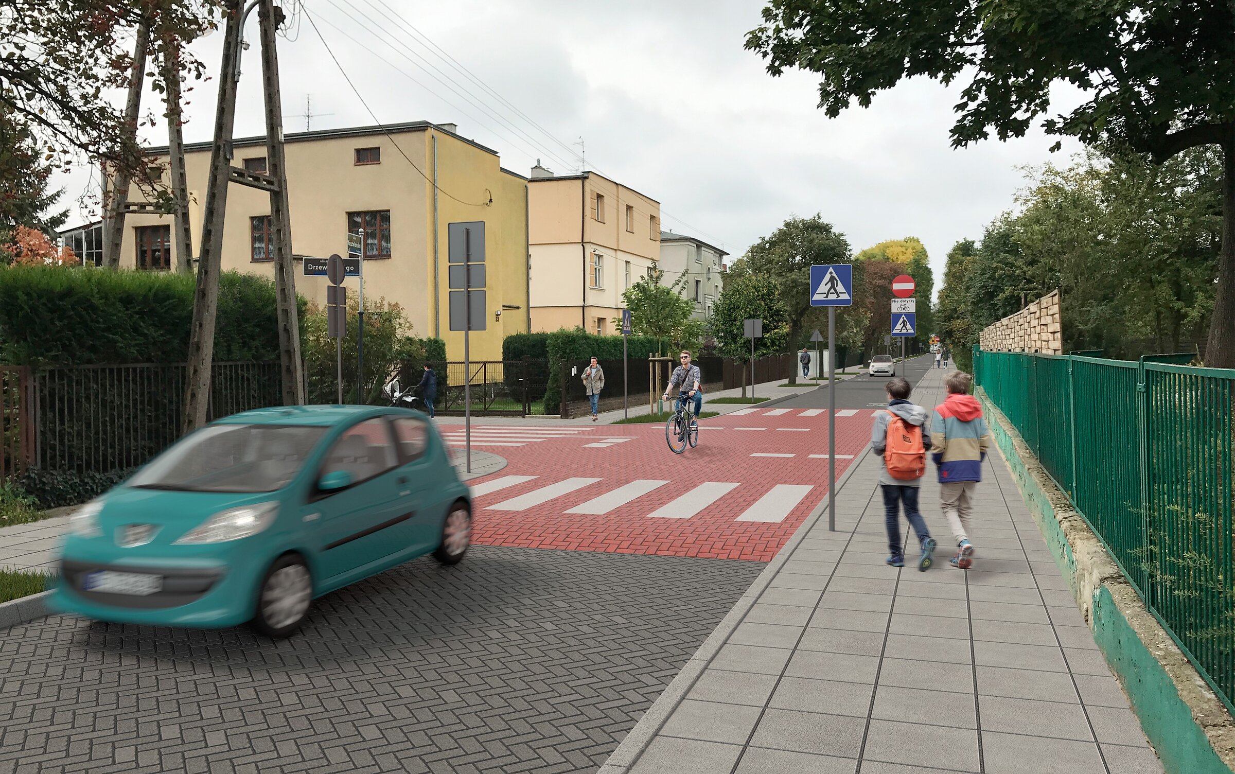3D visualisation based on road project documentation depicting the planned modernisation of Kasztelańska Street with new road surface and a pedestrian crossing