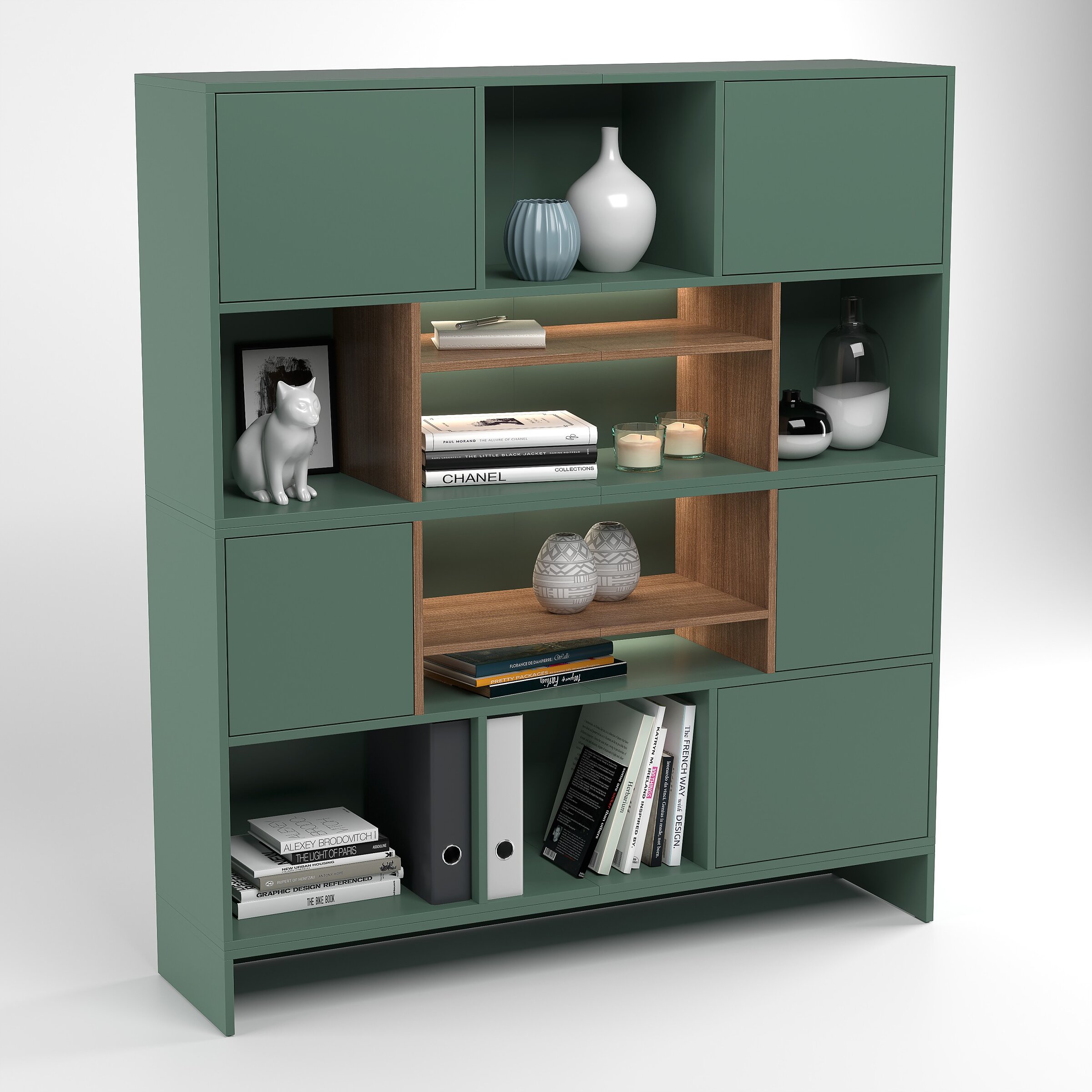 Render 3D wysokiego regału w odcieniu zieleni z drewnianymi wstawkami na białym tle