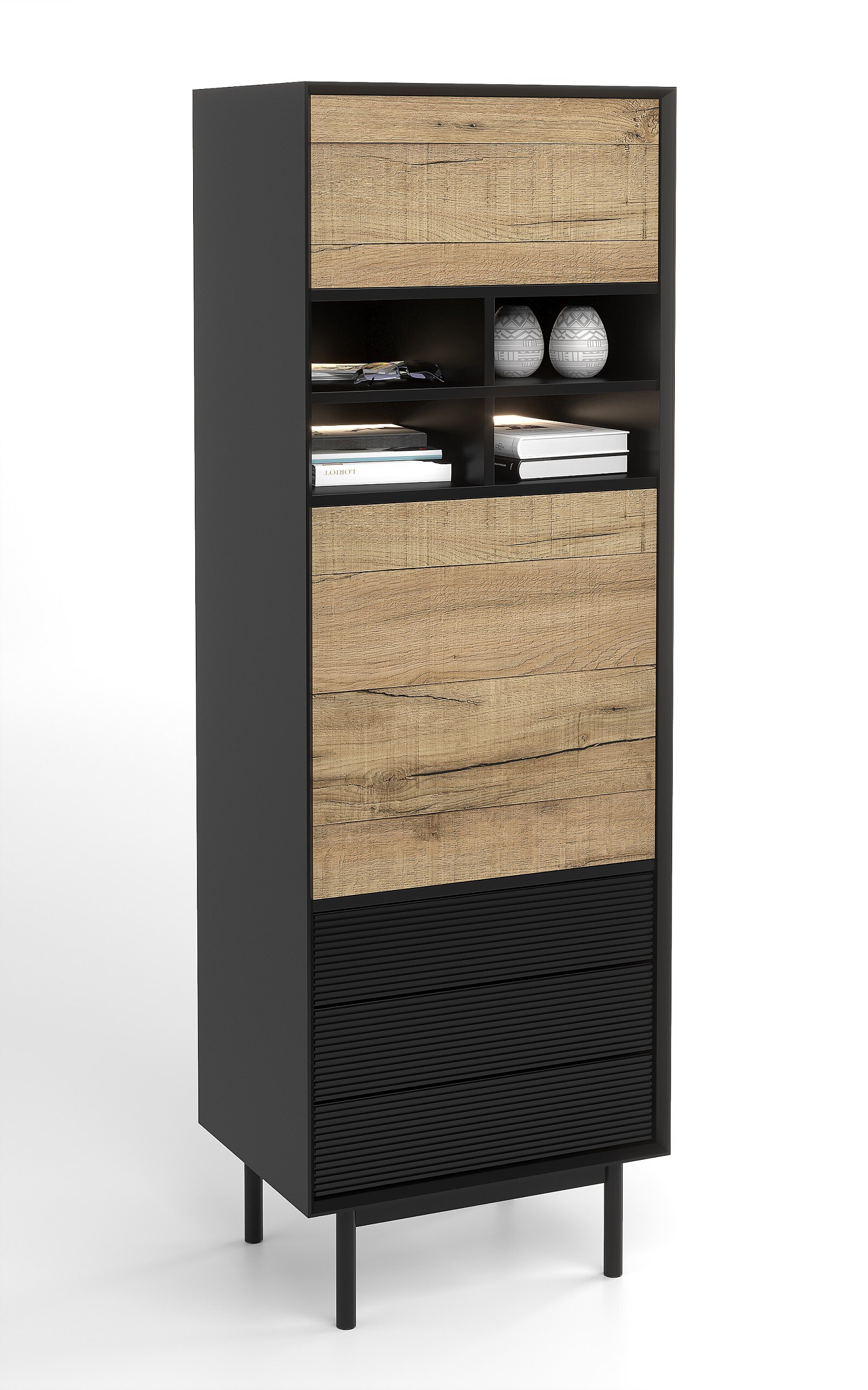 3D render of a tall bookcase in bodega oak veneer with black accents on a white background