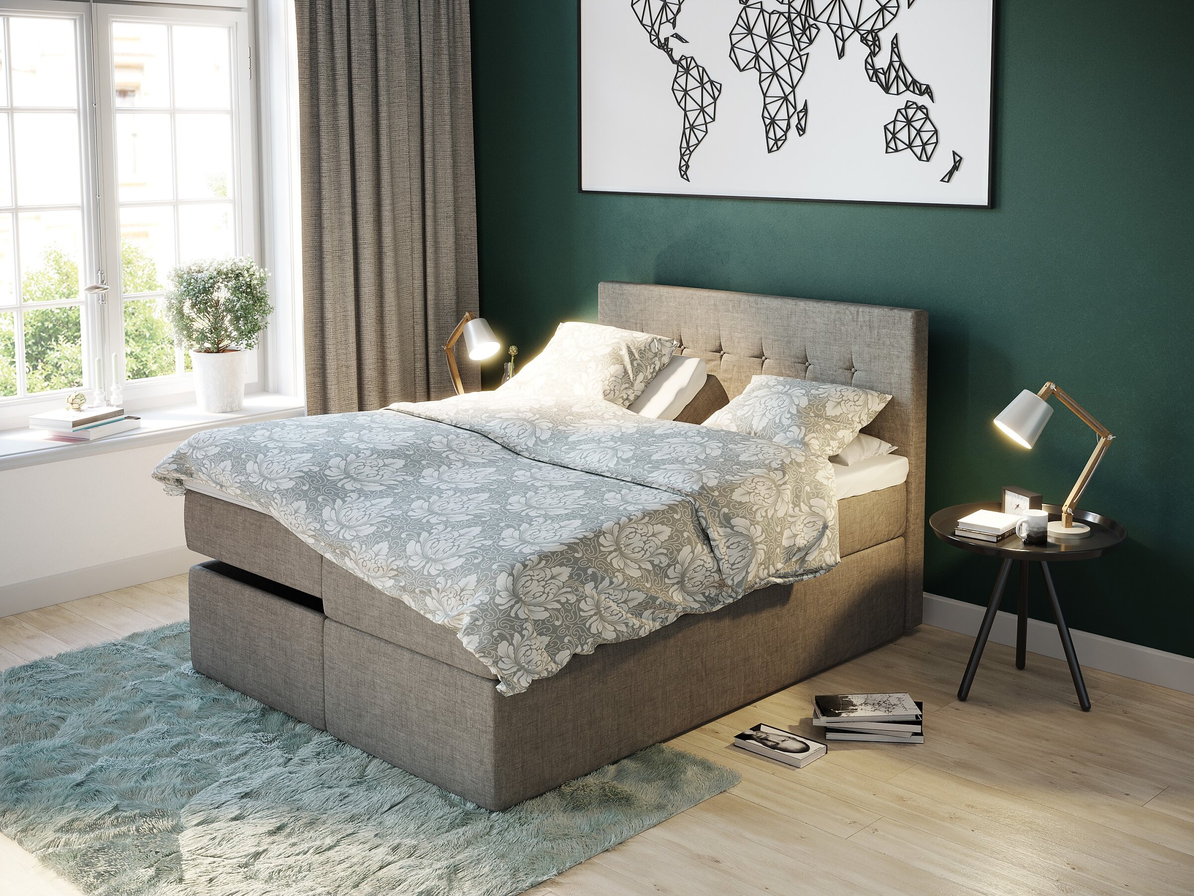 Product visualisation of the beige Premium 160 electric continental bed in a modern bedroom with a green accent wall