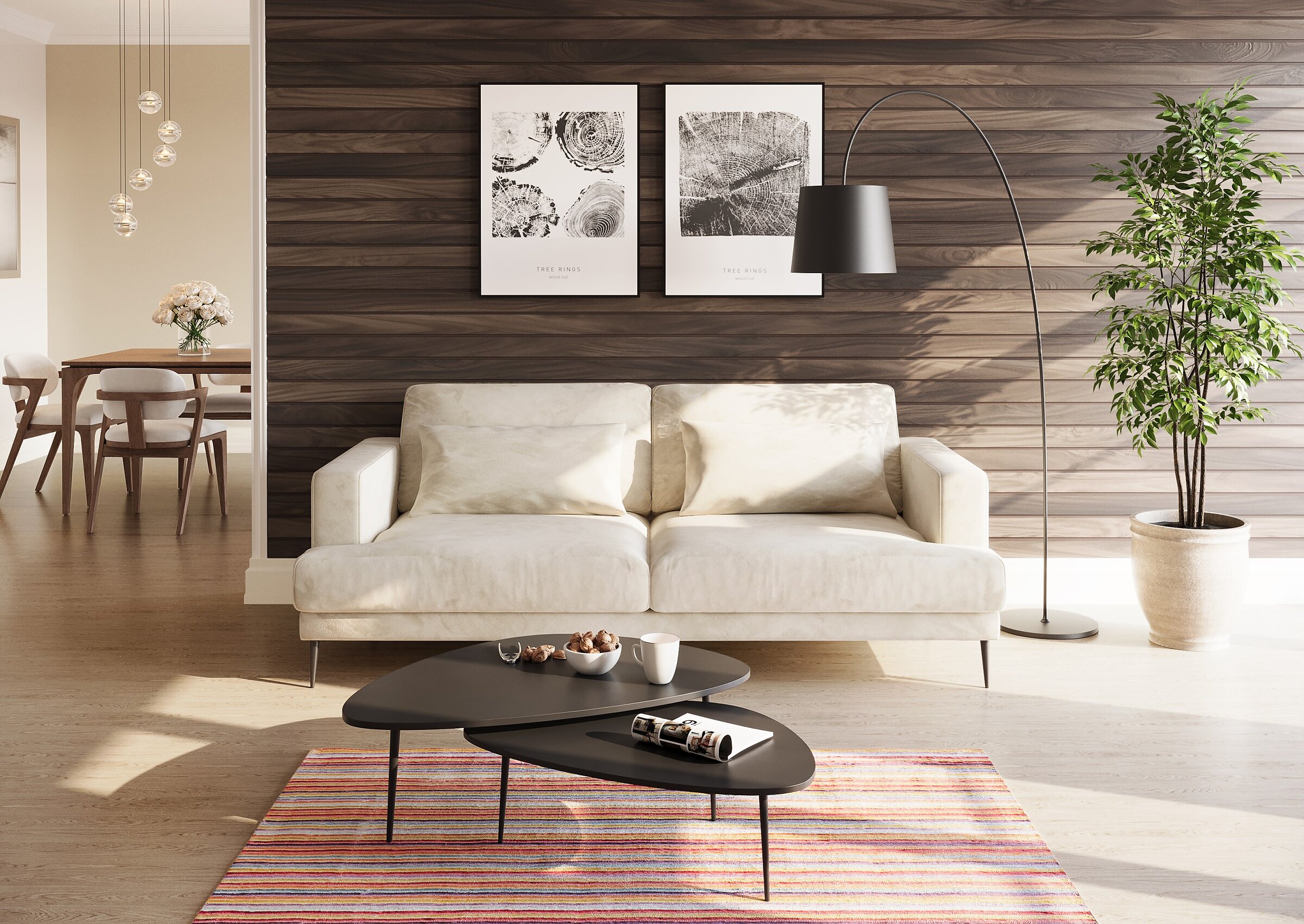 3D render of an ecru corner sofa in a Scandinavian-style interior