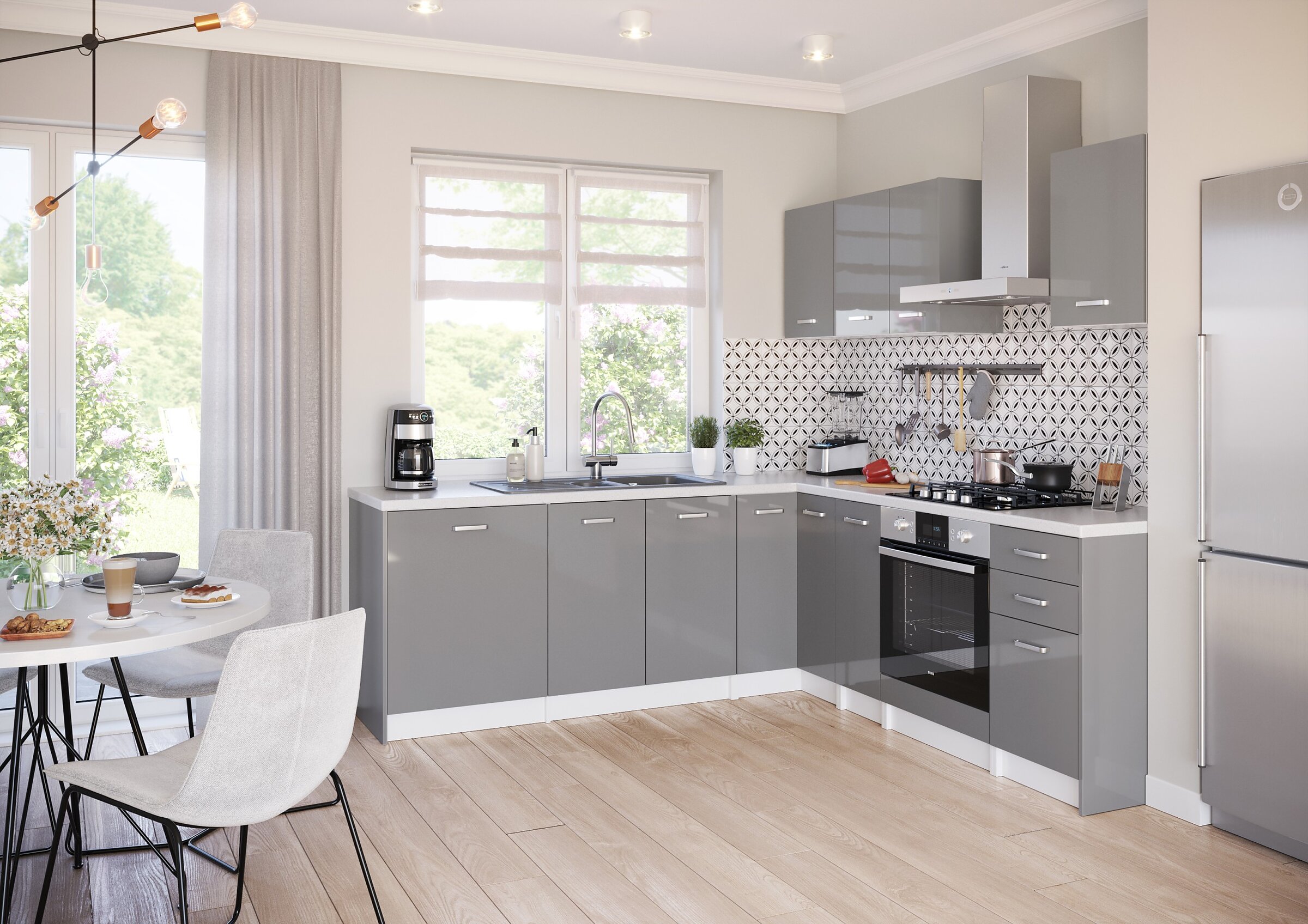 Modern corner kitchen with glossy grey cabinets, patterned tiles, and a white worktop