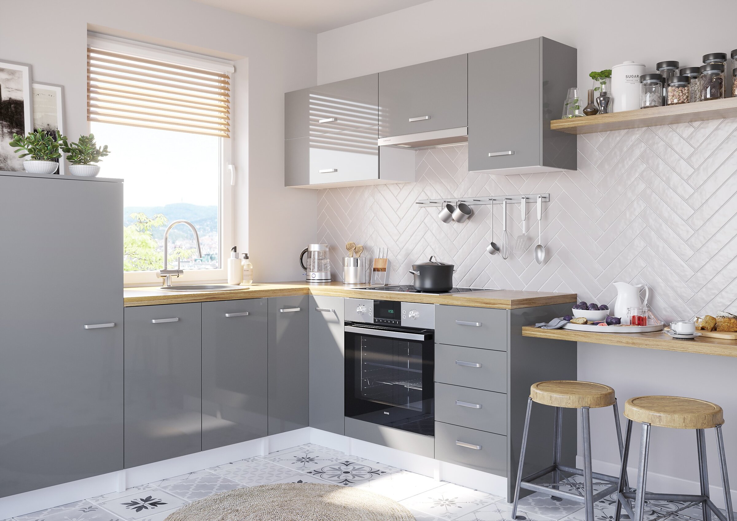 Modern corner kitchen with glossy grey cabinets, a wooden worktop, and white herringbone tiles