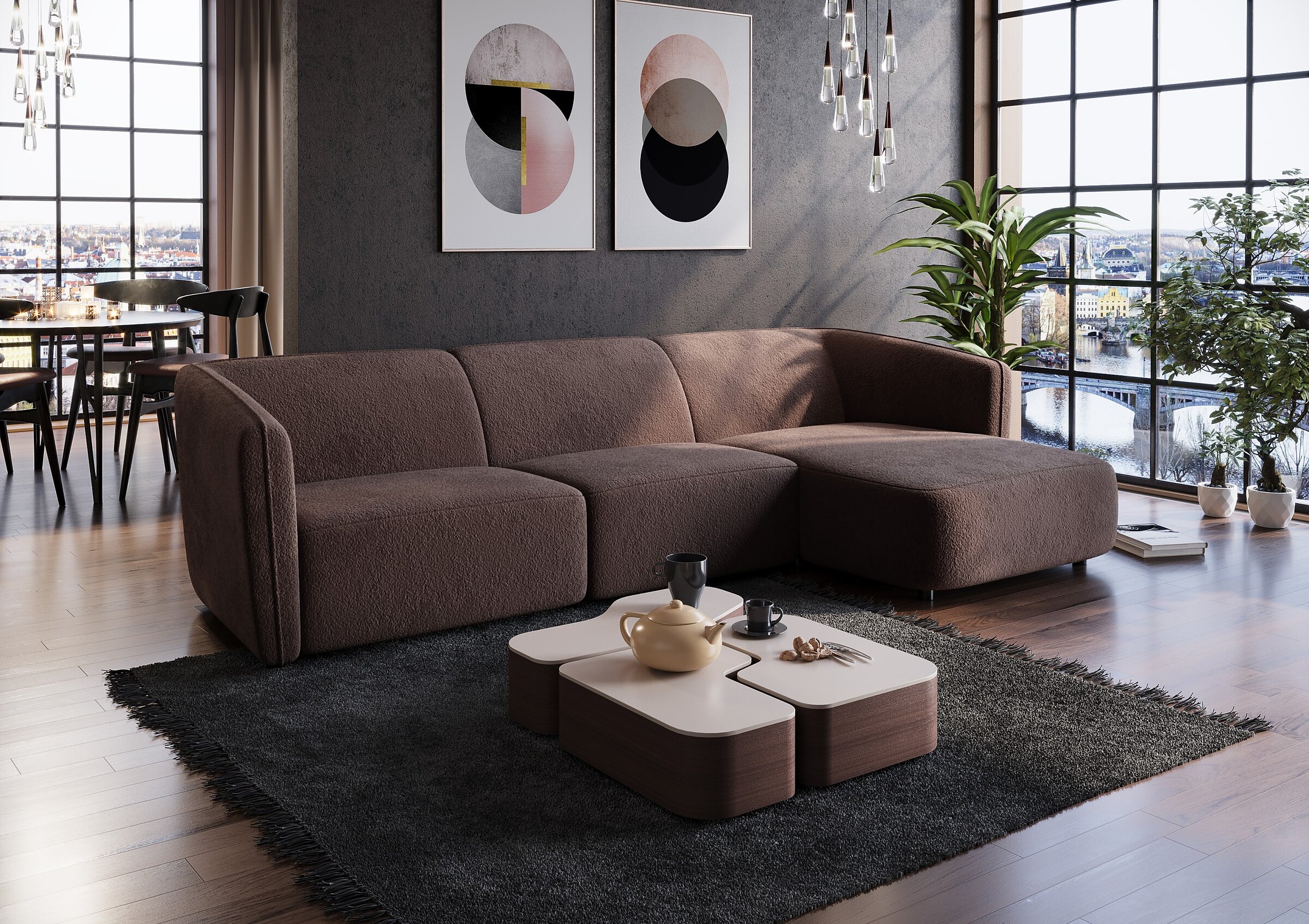 Product visualisation of the brown Bornholm corner sofa in a modern Scandinavian-style living room with a dark accent wall and a city view through the window