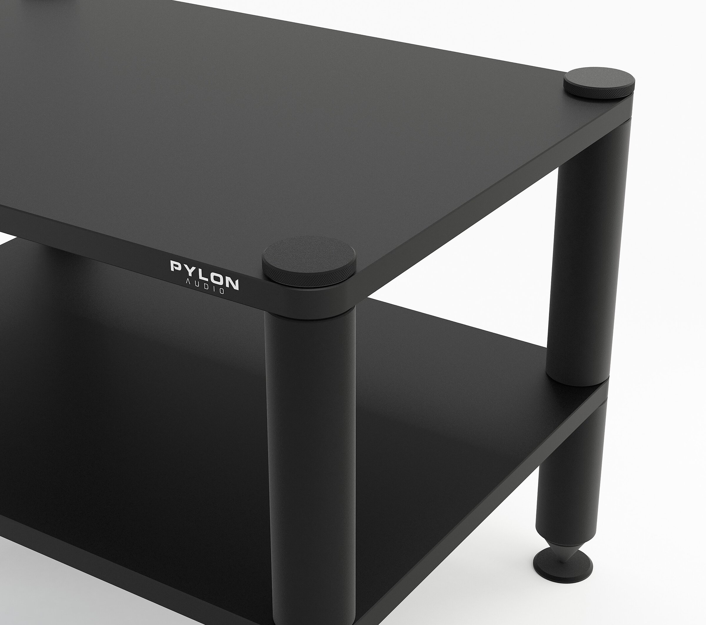 Close-up 3D digital model showing the logo and construction details of a black PYLON AUDIO rack