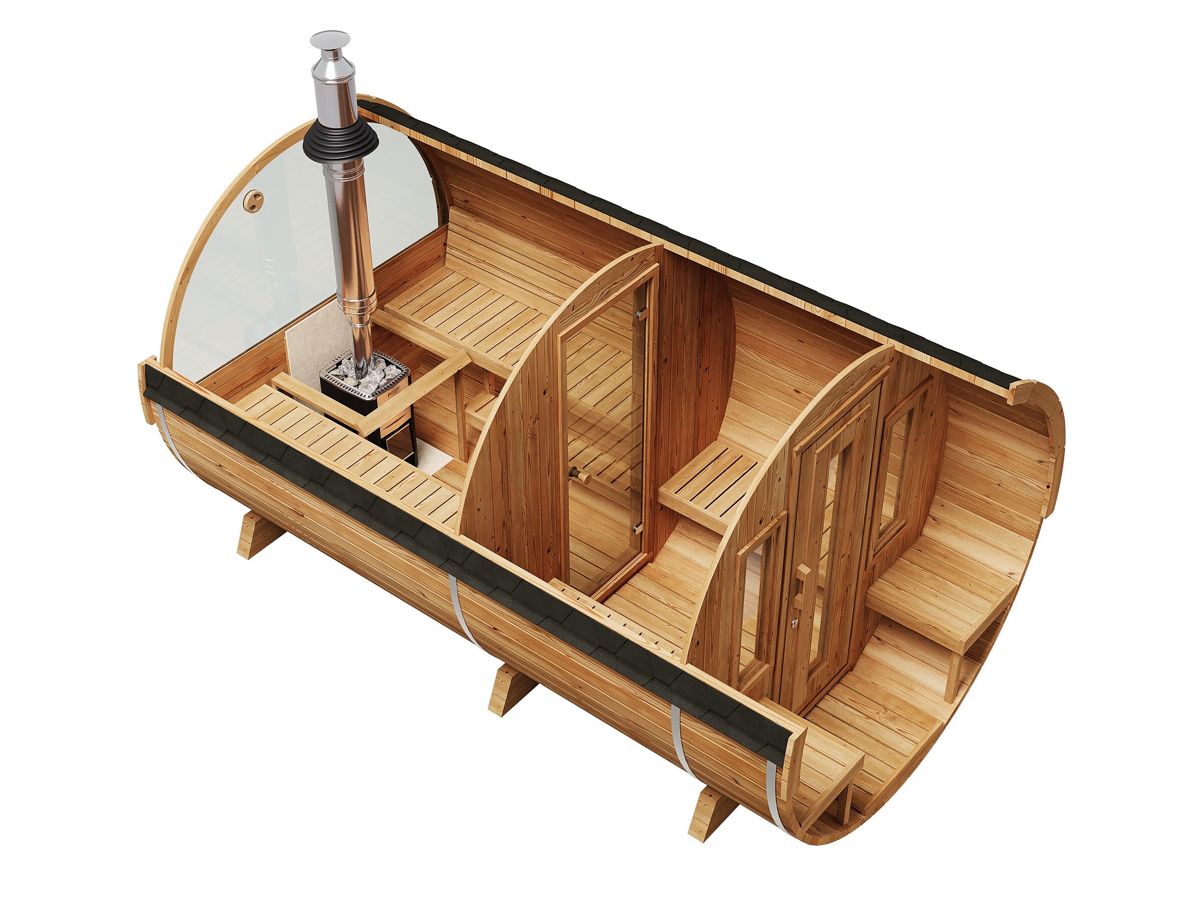 Product visualisation showing an isometric cutaway of the Barrel 400 Deluxe wooden barrel sauna with an interior stove, chimney, and partitioned rooms
