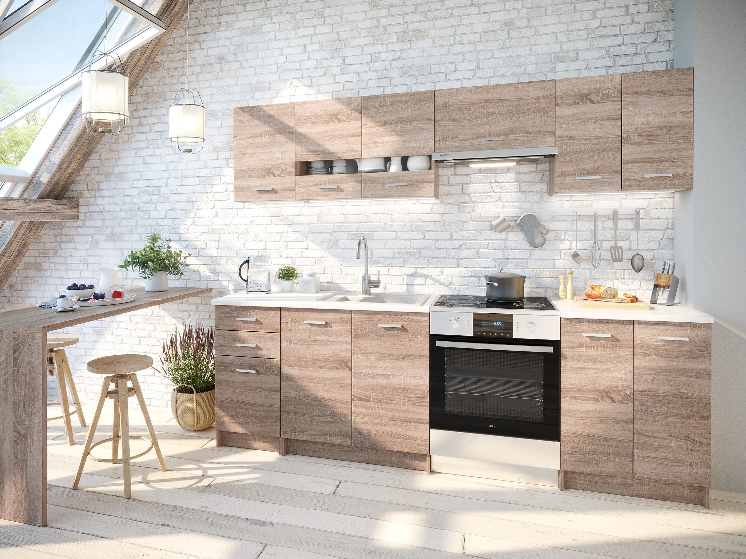 Visualisation of an attic kitchen with wood-finish cabinets, a white worktop, and a white brick wall