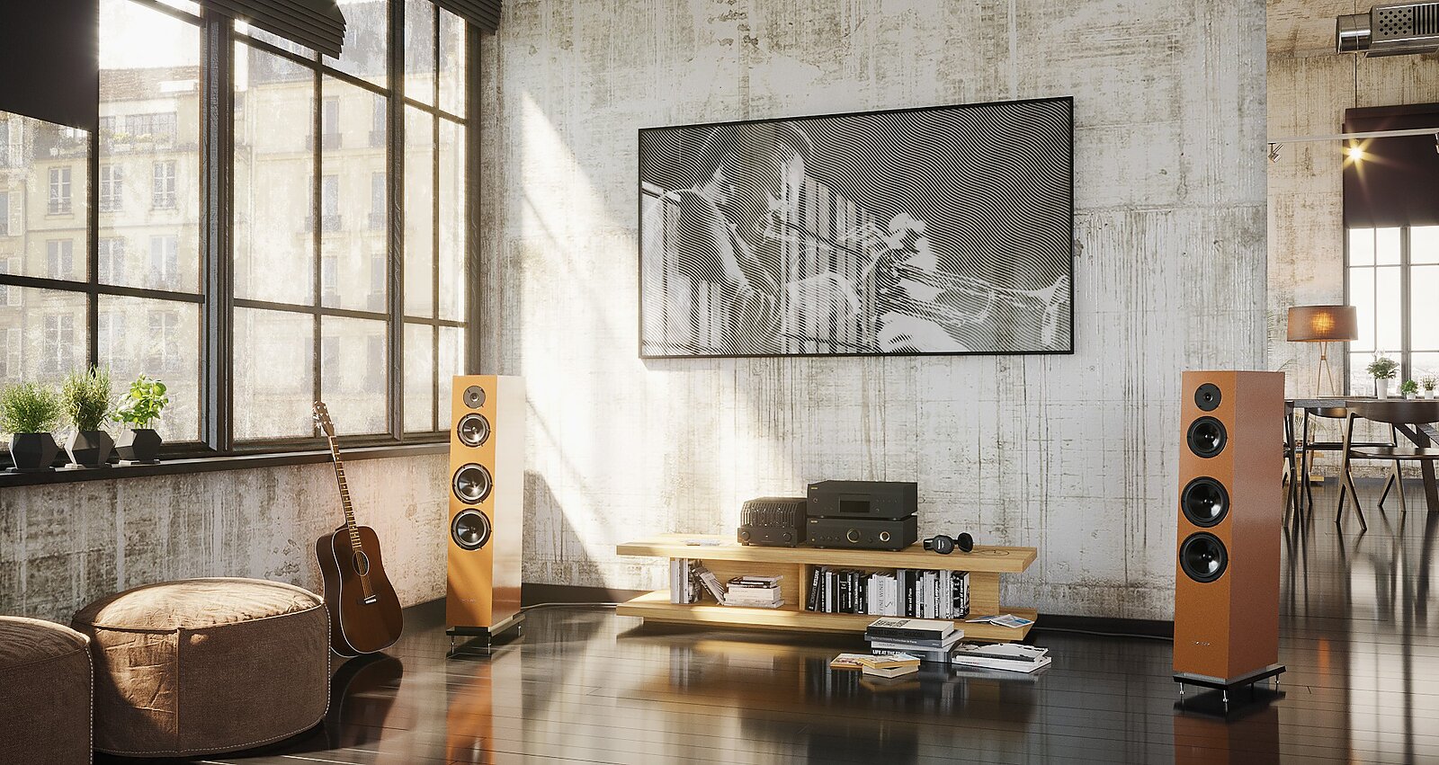 Product render of the Diamond 30 loudspeaker system in a loft-style living room interior arrangement