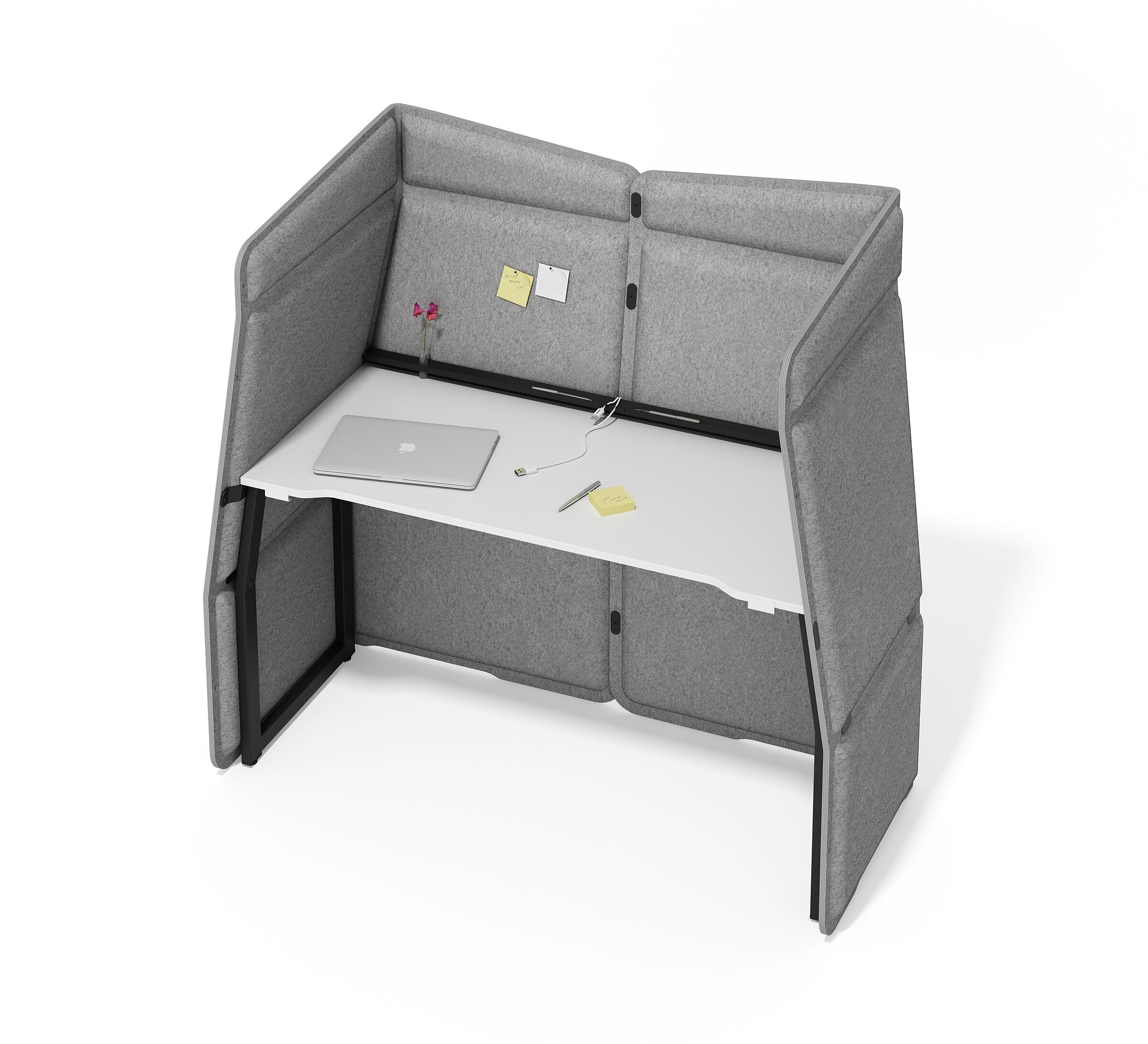 Visualisation of an acoustic desk with medium grey felt panels, a white desktop, and a black frame
