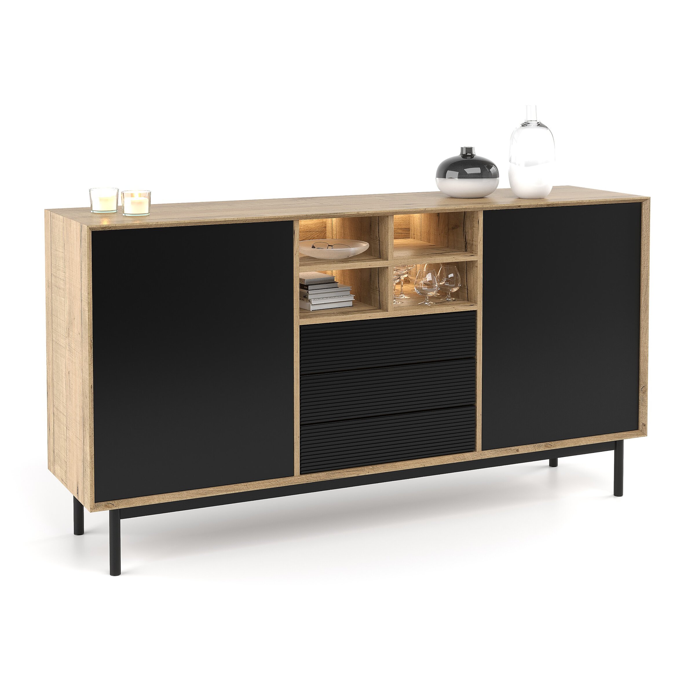 Digital product render of a modern sideboard in bodega oak veneer with black fronts on a white background