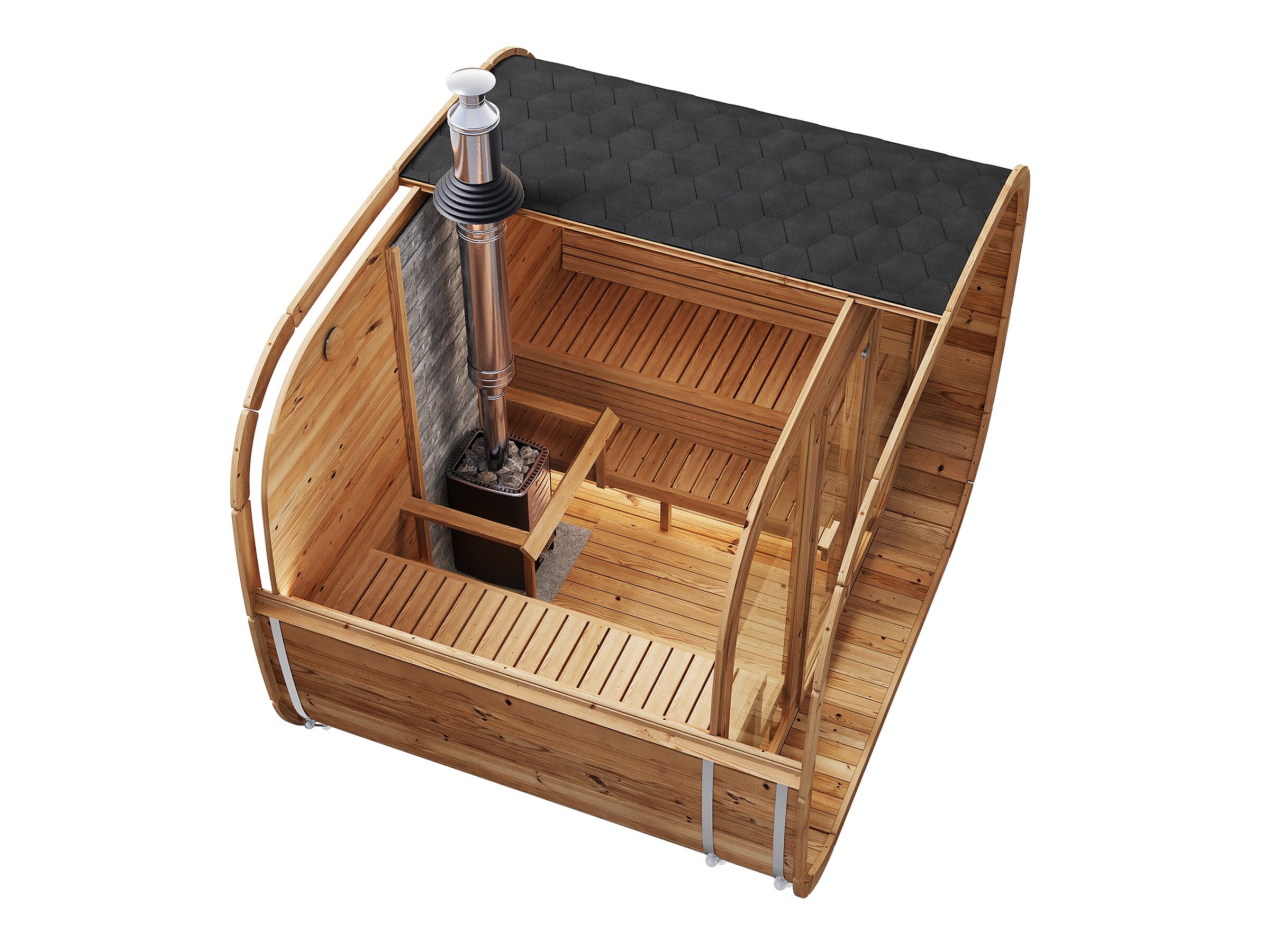 Product visualisation showing an isometric cutaway of the Geiranger wooden sauna with a glass front, interior stove, chimney, and benches