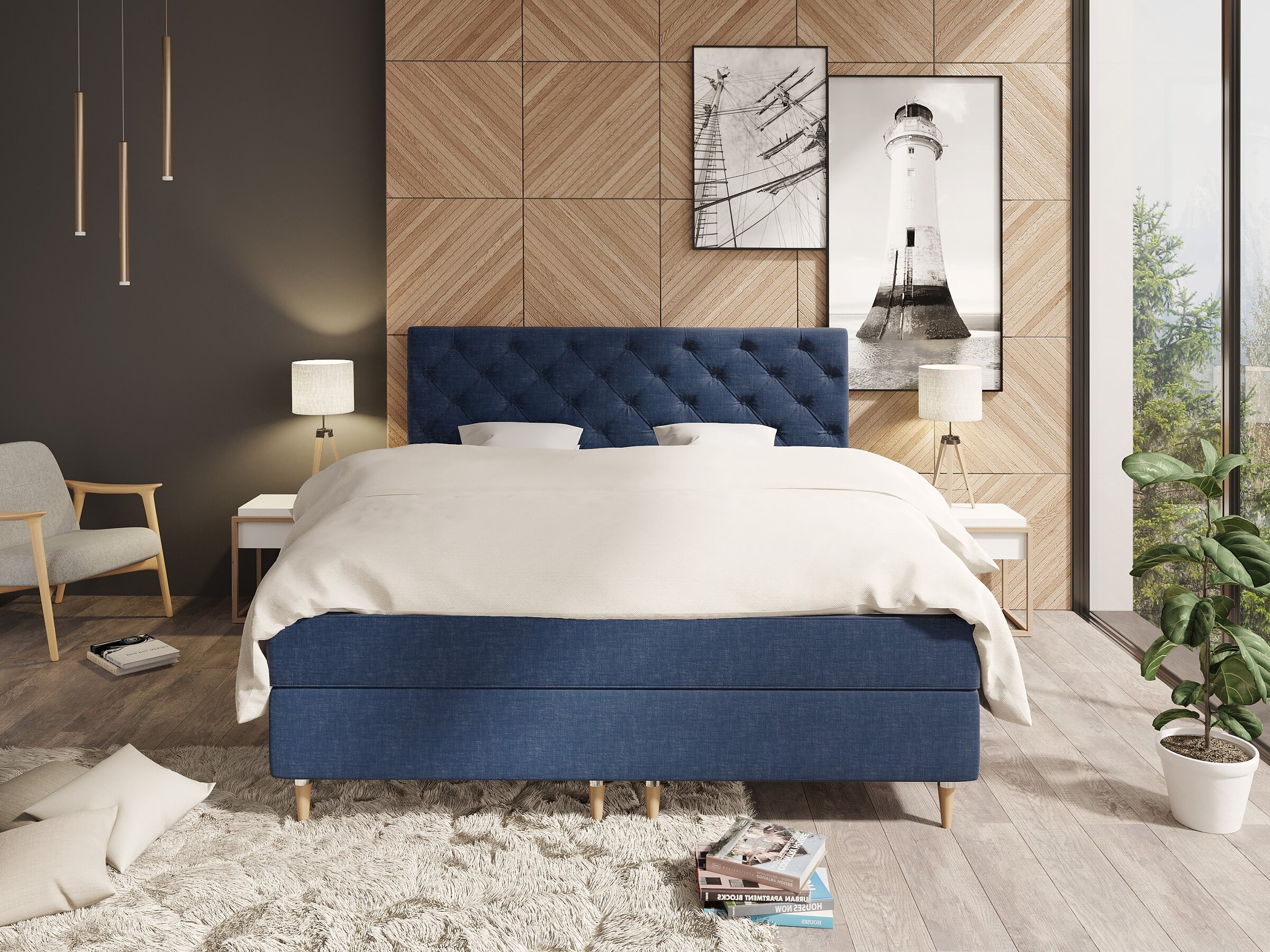 Product visualisation of the navy blue Premium 200 continental bed in a modern bedroom with a wooden accent wall