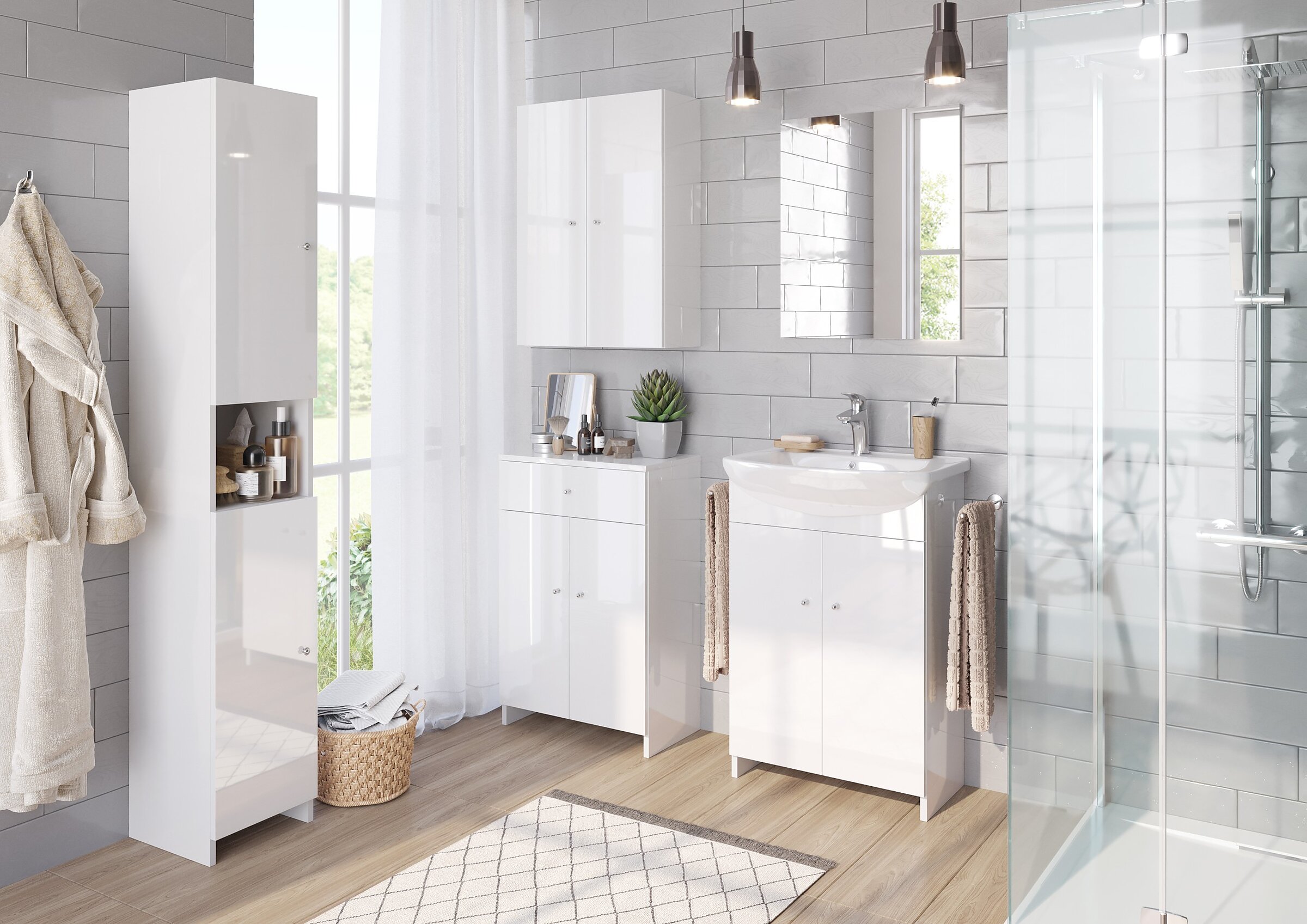 Render of a modern bathroom with glossy white furniture, grey wall tiles, and a shower enclosure