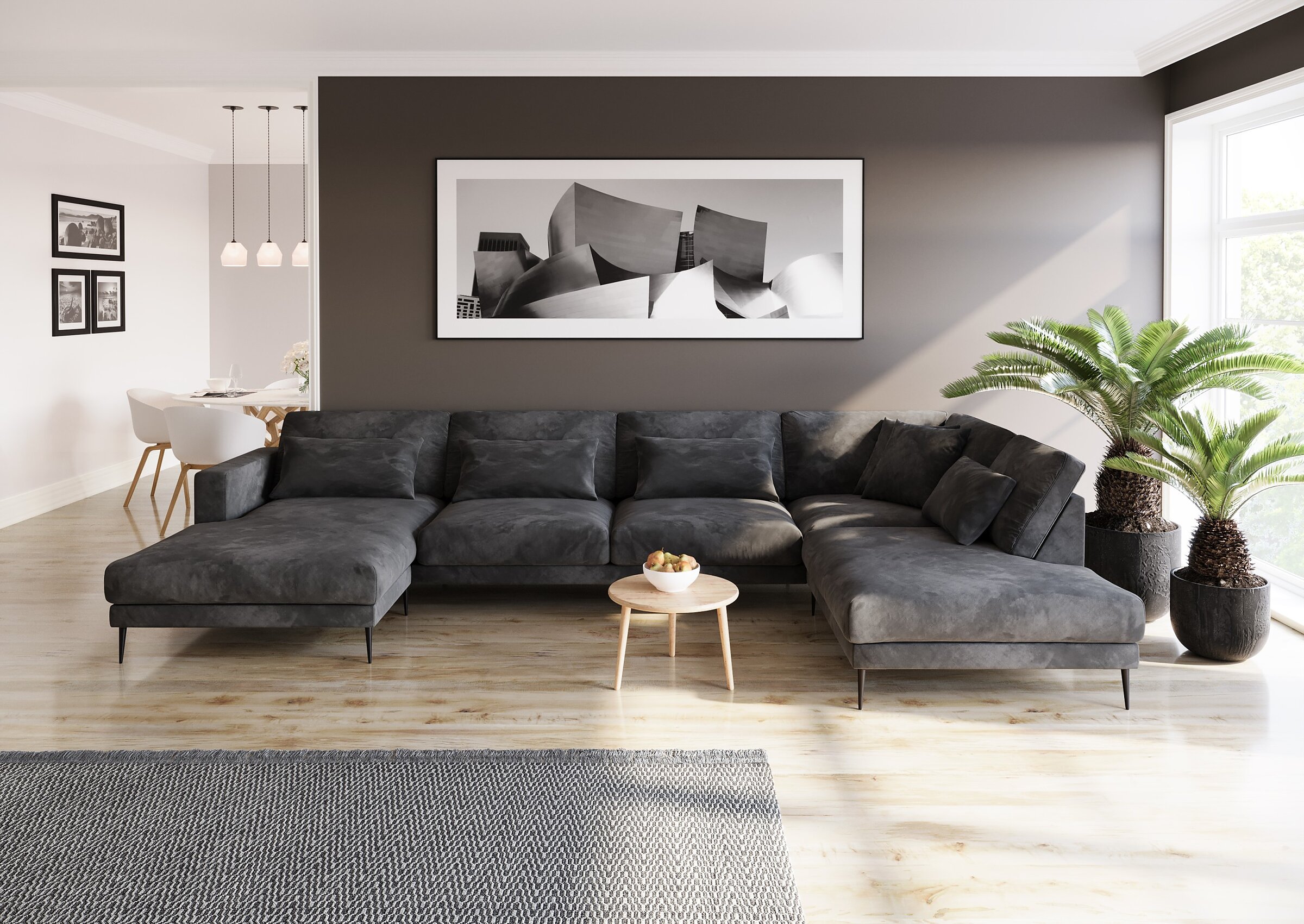 Product visualisation of the dark grey Sunday D25A large corner sofa in a modern Scandinavian-style living room with wooden flooring and a grey rug