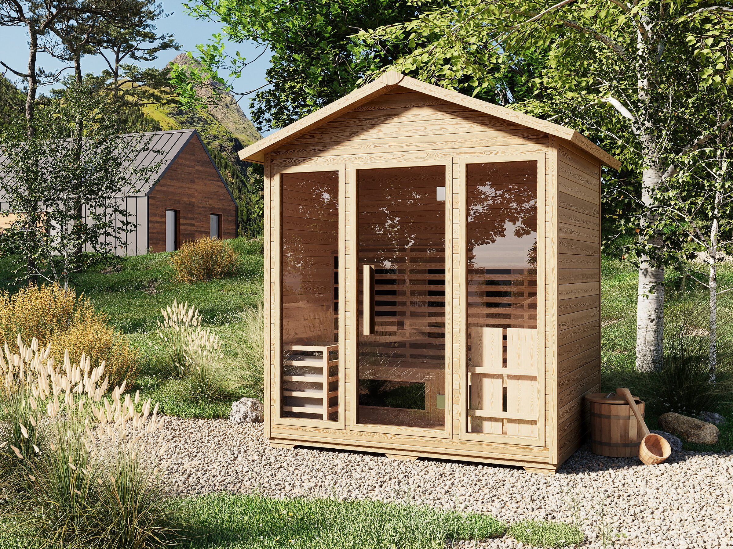 Product visualisation of the Tampere L outdoor wooden sauna with a glass front in a lush green summer setting