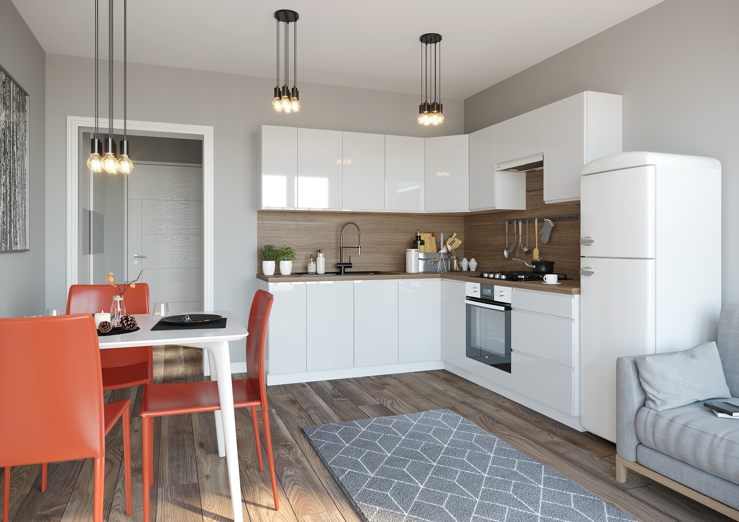 Visualisation of a kitchenette with glossy white cabinets, a wooden splashback, and a dining area with orange chairs