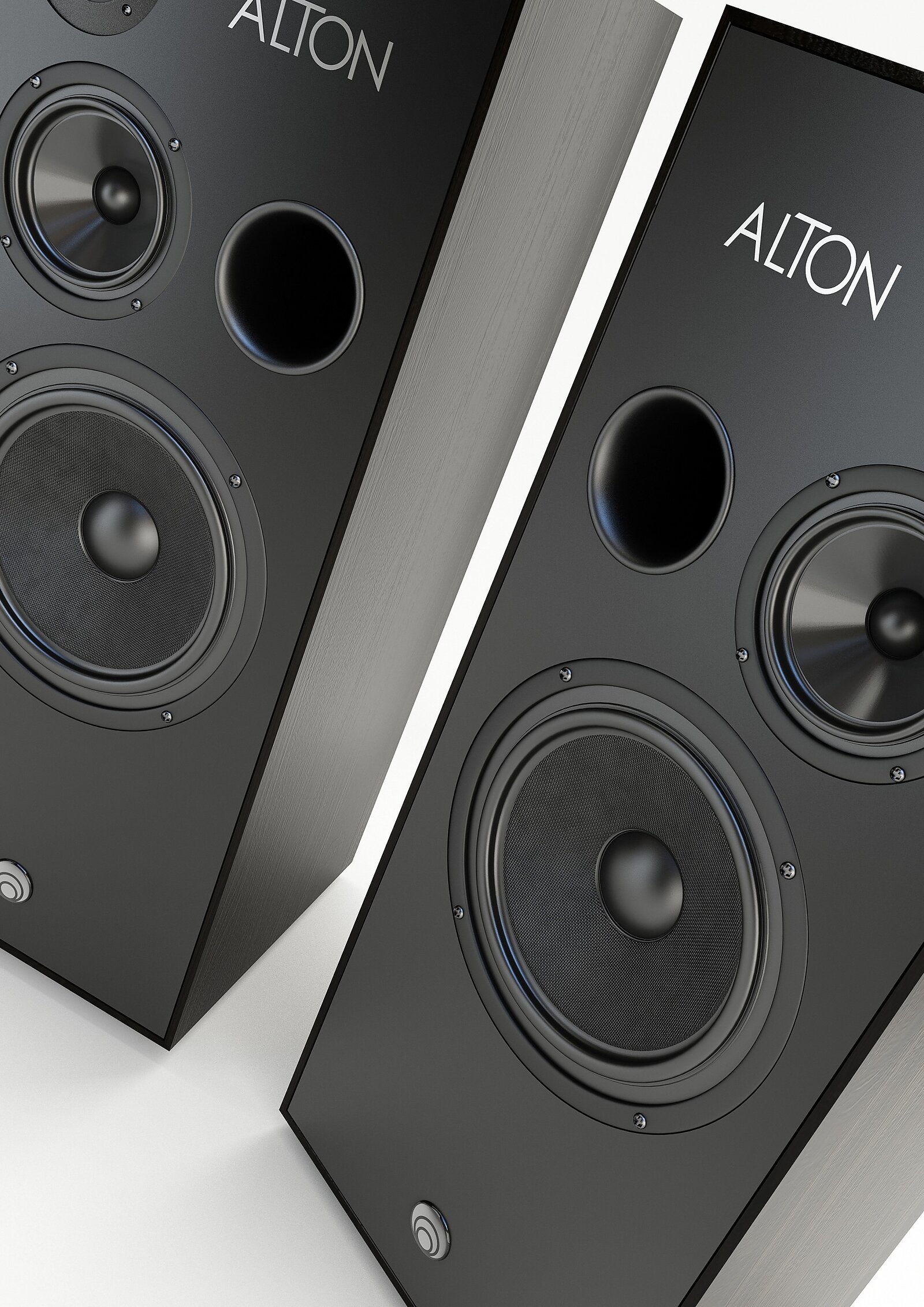 Computer visualisation close-up detail of black ALTON speakers on a white background