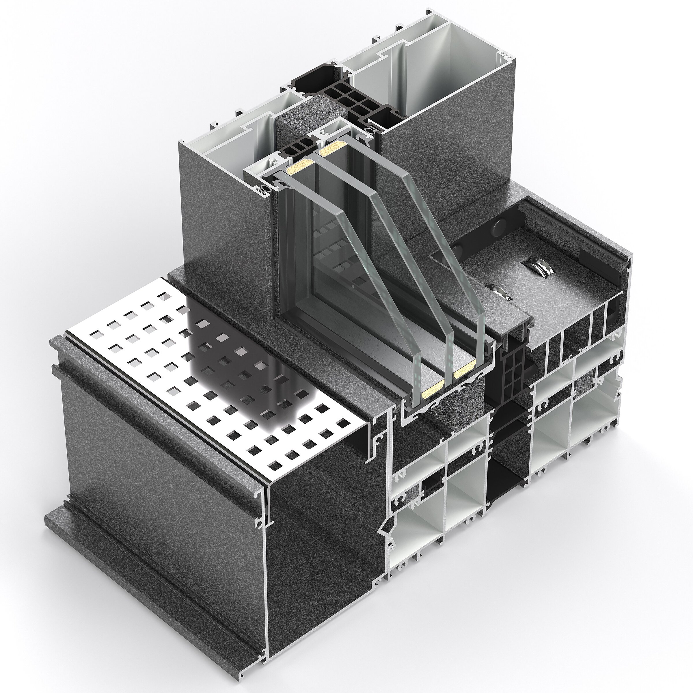 Three-dimensional model of a technical cross-section of a profile system with a triple-pane glazing unit and a visible drainage grille