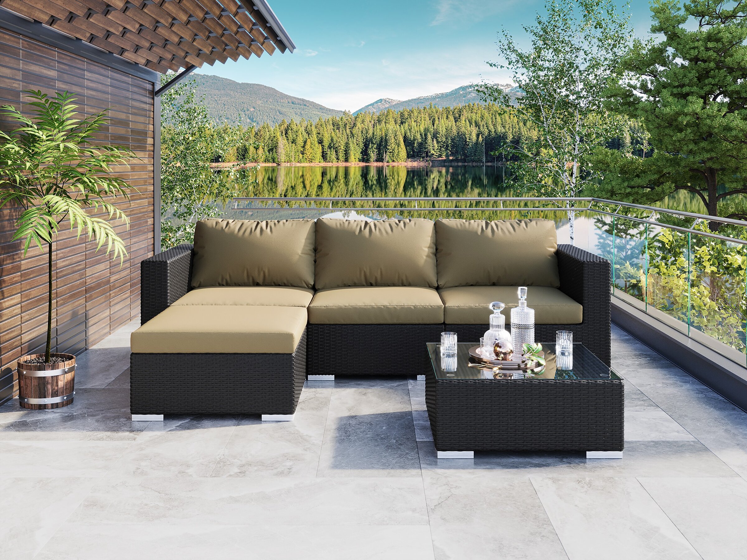 Product visualisation of the Moonlight black wicker outdoor lounge furniture set with beige cushions and a coffee table on a terrace with a lake and mountain view