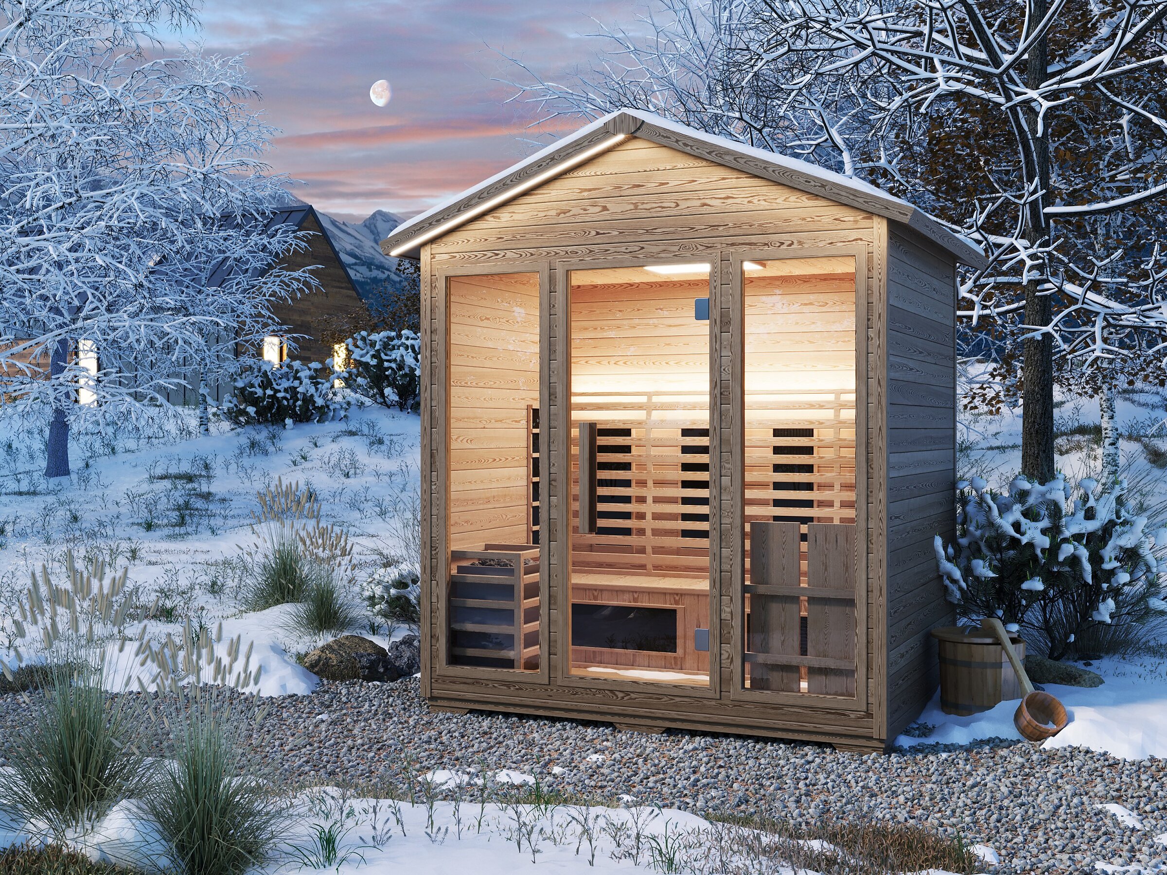Product visualisation of the Tampere L outdoor wooden sauna with interior lighting during winter in a snowy forest