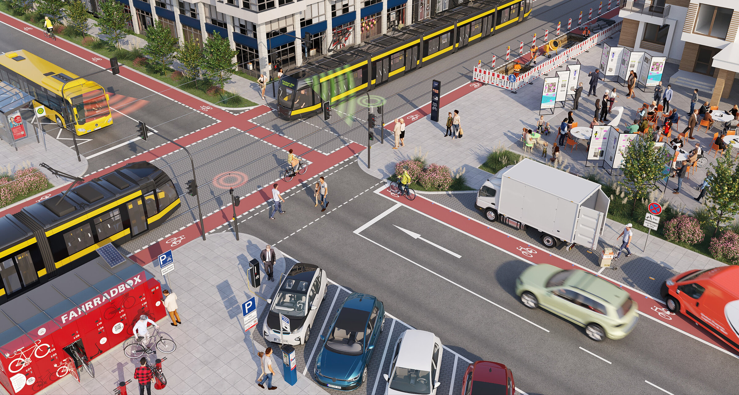 Cyfrowa wizualizacja 3D nowoczesnego skrzyżowania w inteligentnym mieście z transportem publicznym i stacją rowerową