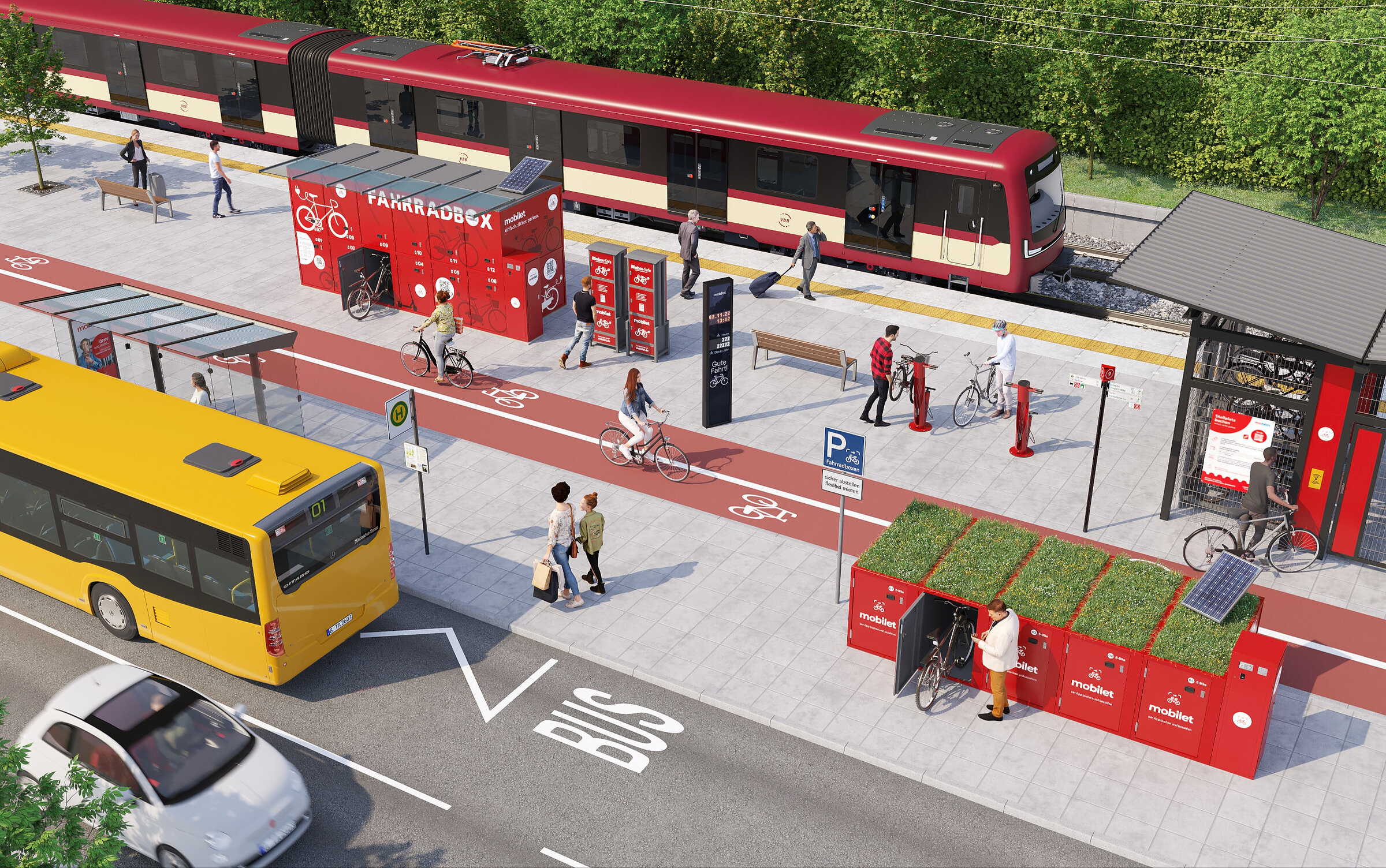 Wizualizacja 3D nowoczesnego węzła przesiadkowego z pociągiem S-Bahn, stacją rowerową i infrastrukturą miejską