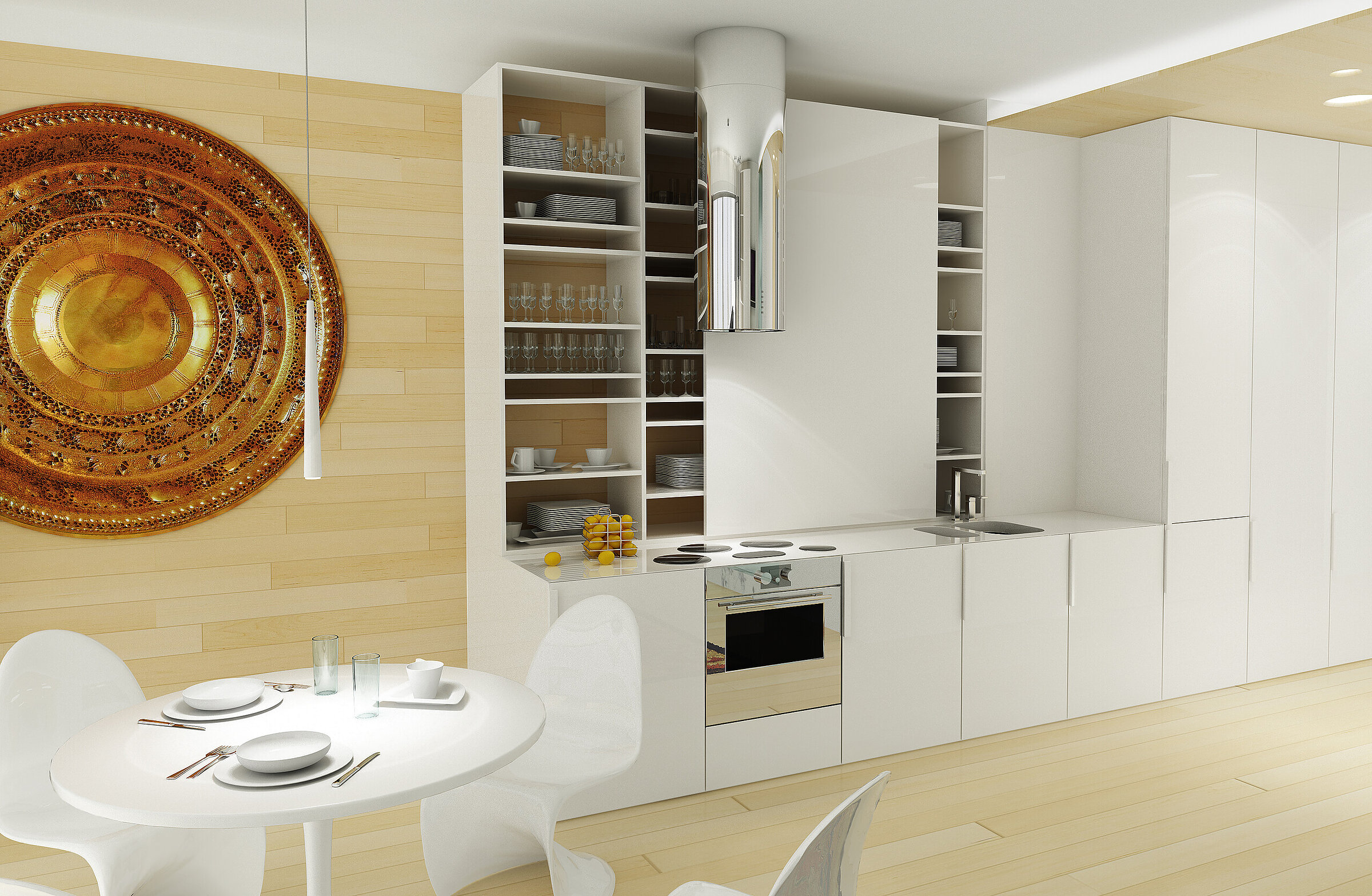 Render of a modern kitchen interior combined with a dining area, featuring white kitchen furniture
