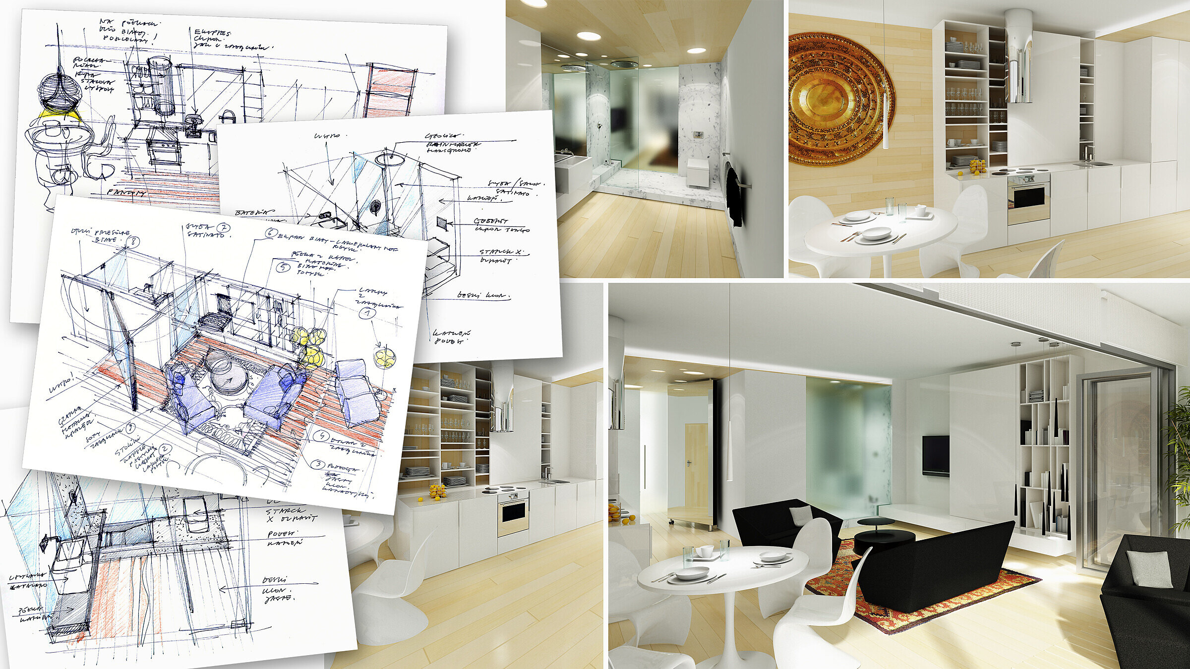 Presentation board showing the workflow from designer's initial concept sketches to final renderings