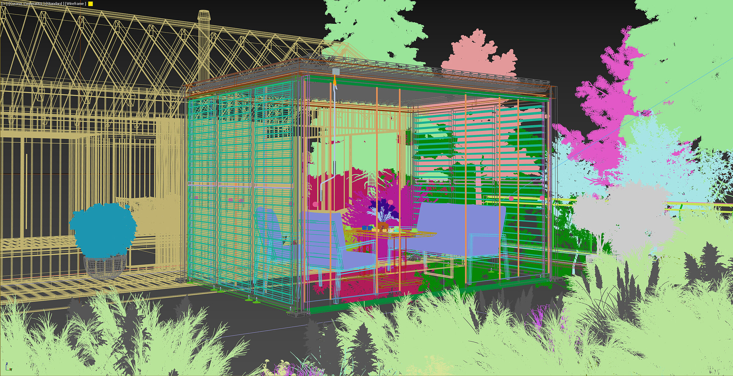 Przykładowa scena z programu 3ds Max w trakcie edycji i modelowania