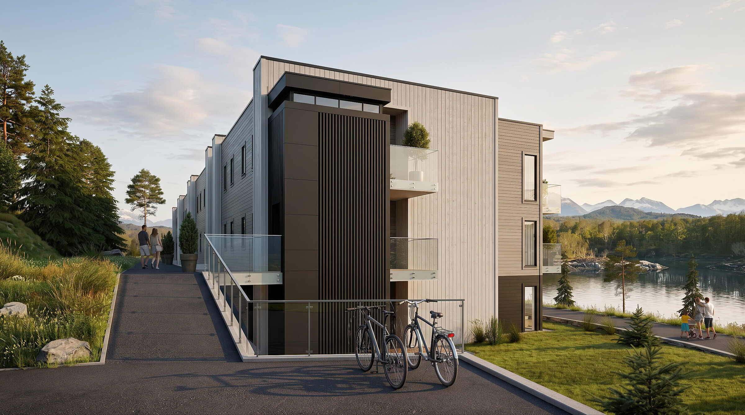 Exterior visualisation of a multi-residential building at sunset in Budaneset, Herøy, Norway