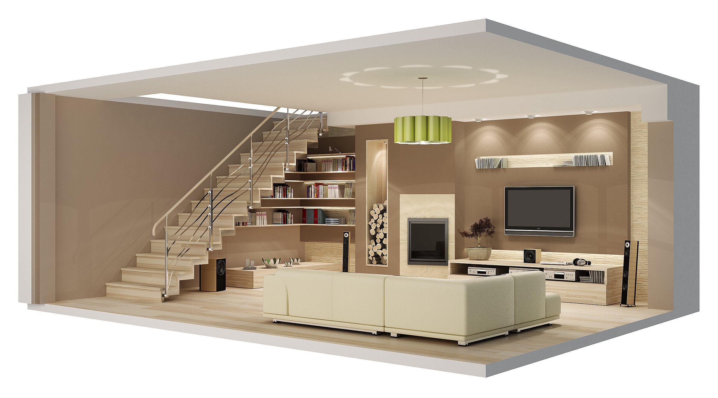 3D render of a modern living room with a fireplace and staircase