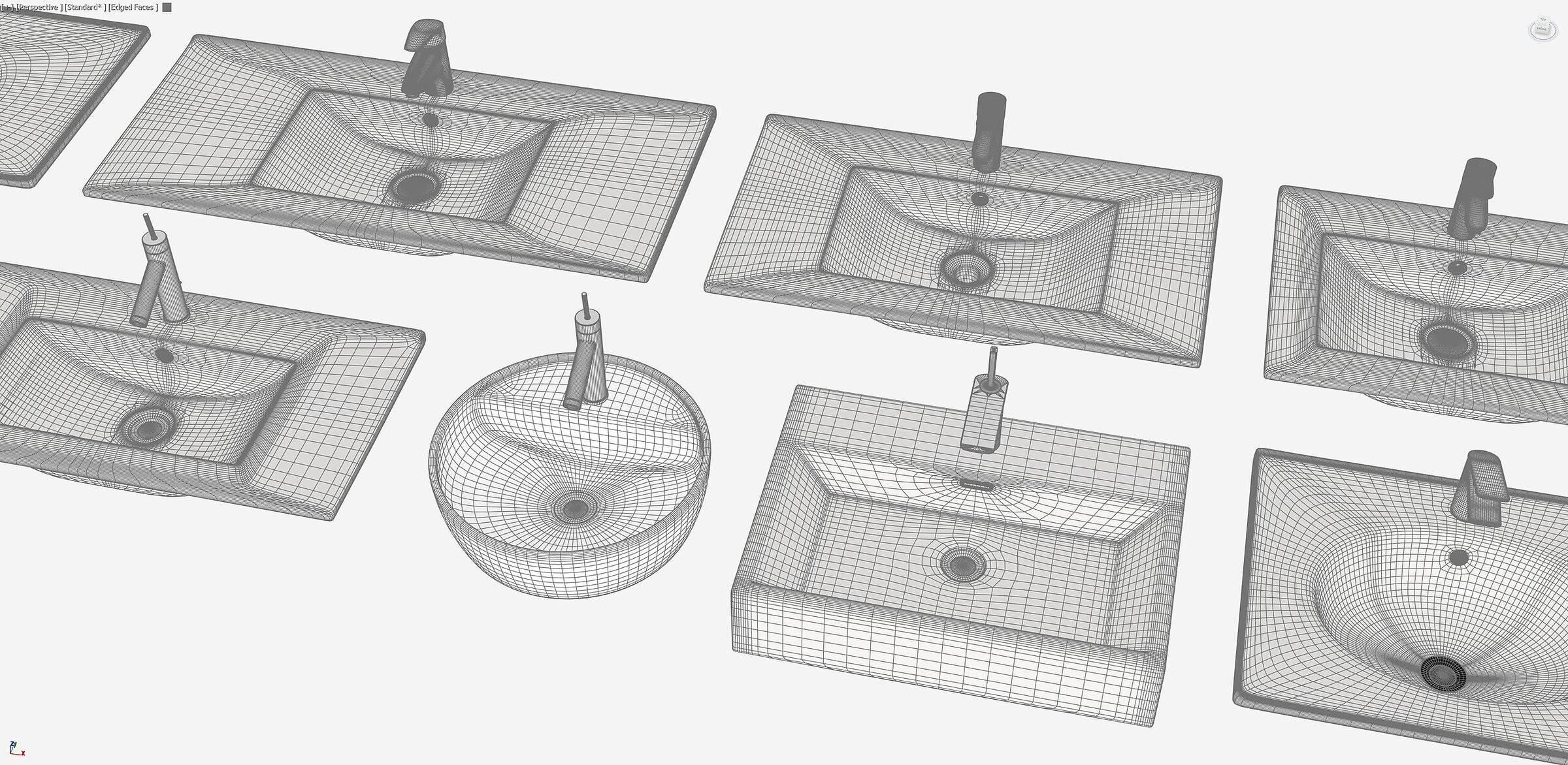 Zestaw różnych modeli umywalek łazienkowych z bateriami w programie graficznym, przedstawionych w trybie siatki 3D wireframe
