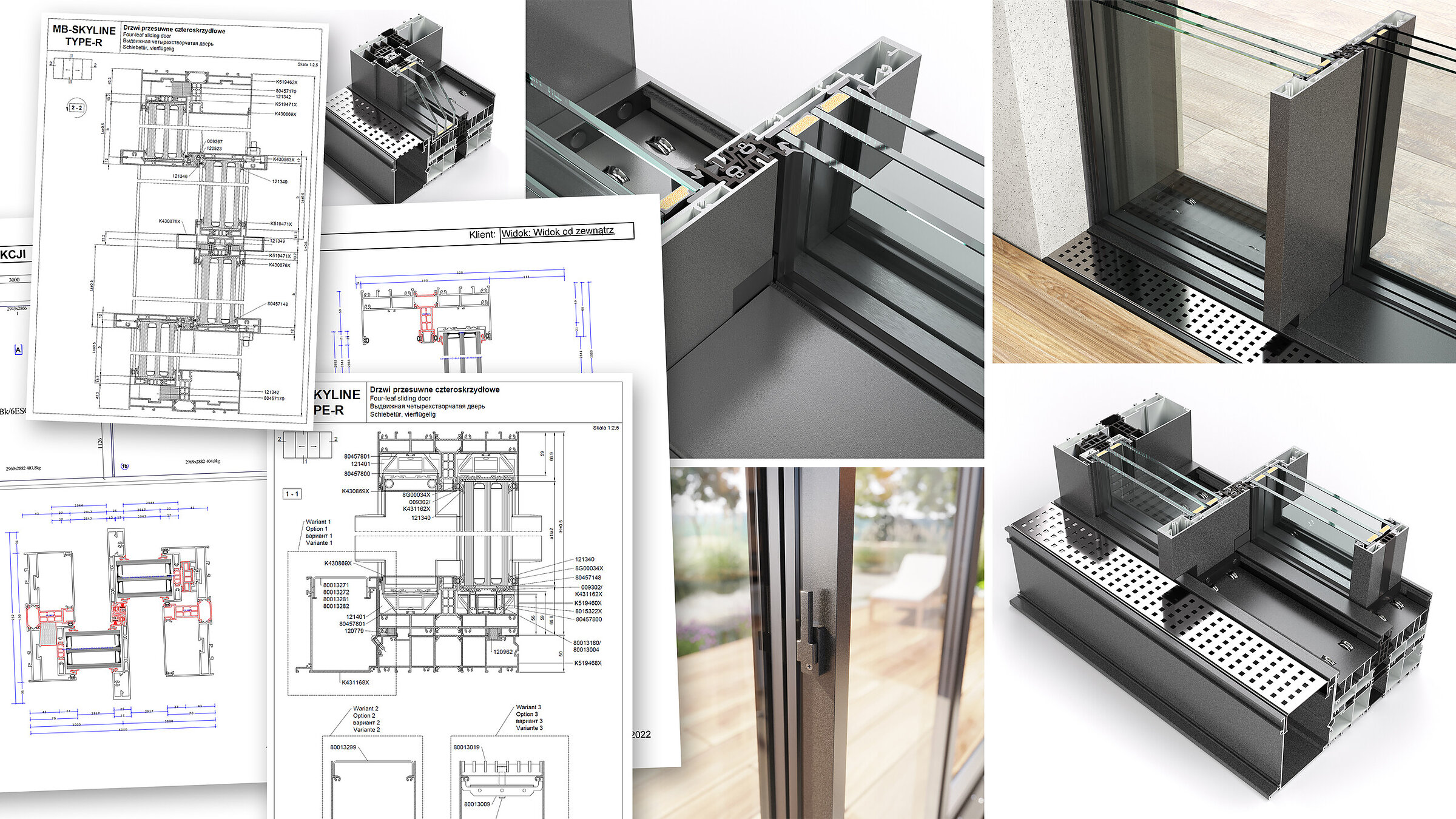 A board illustrating the process of creating technical cross-section visualisations of sliding doors based on technological documentation