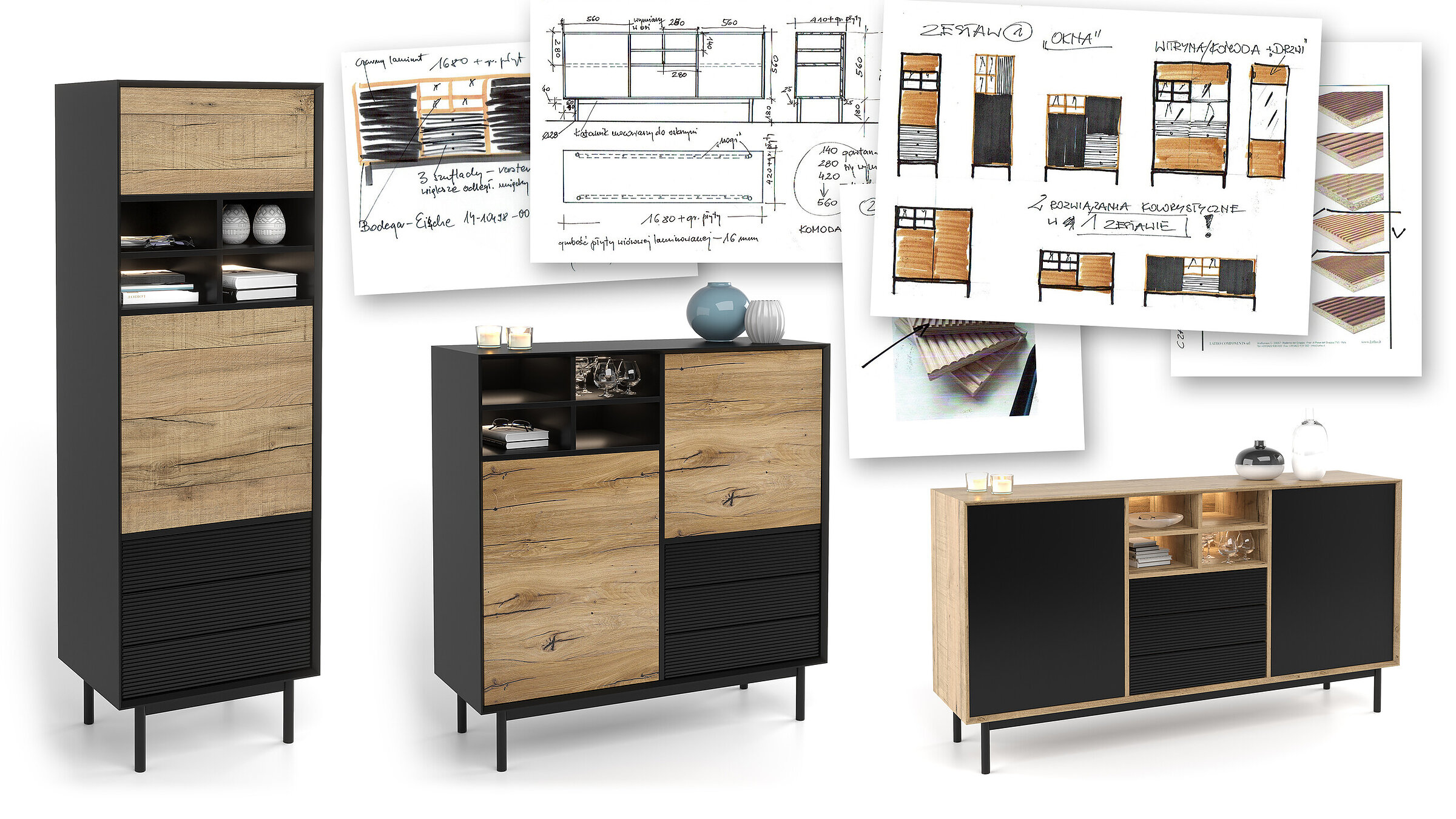 Presentation board showing the workflow from designer's initial concept sketches to final renderings of a prototype furniture