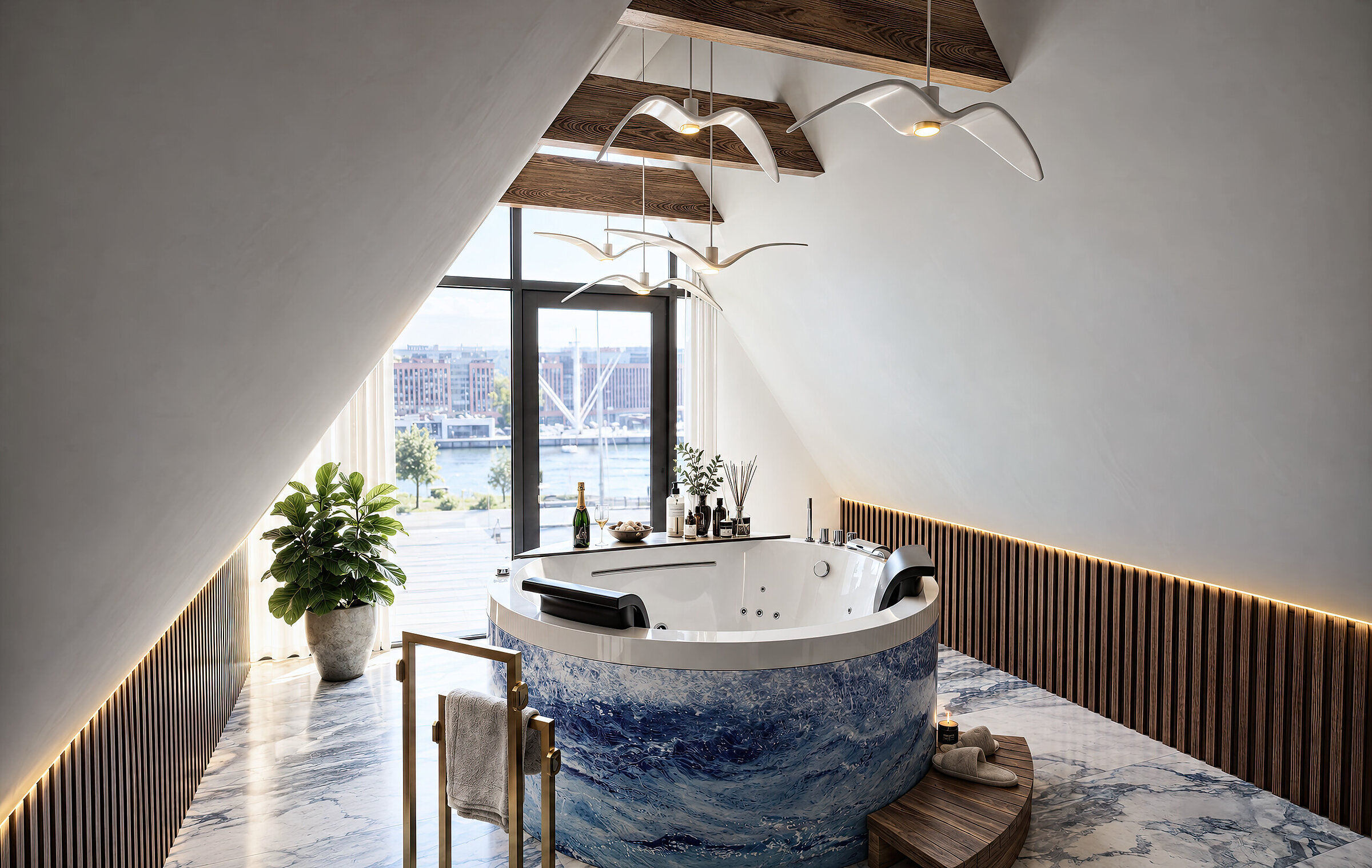 Visualisation of a spacious spa bathroom with a freestanding bathtub and a large window with a view