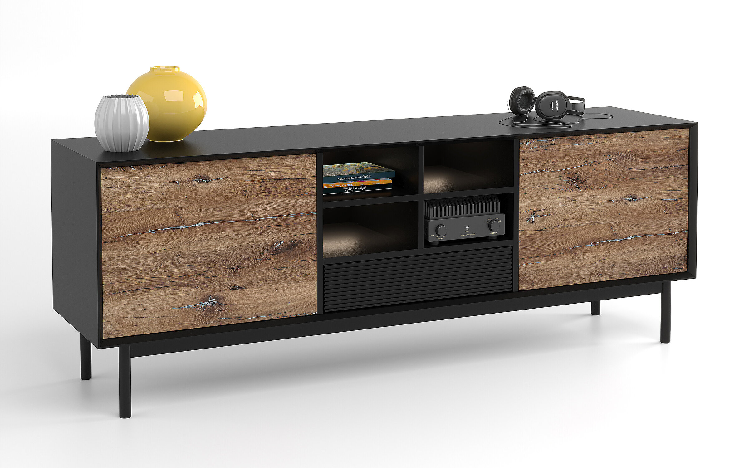 Product render of a modern TV media console in black veneer with Flagstaff Oak fronts on a white background